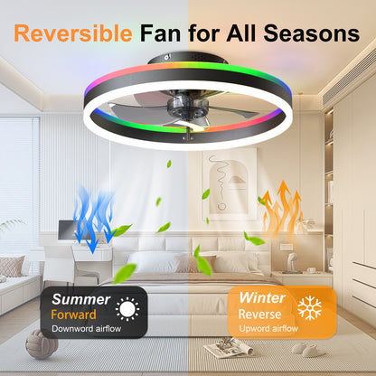 19.7" RGB Flush Mount Ceiling Fan with Light, 6-Speed Reversible Low Profile Fan with Remote & APP for Bedroom, Black image 6
