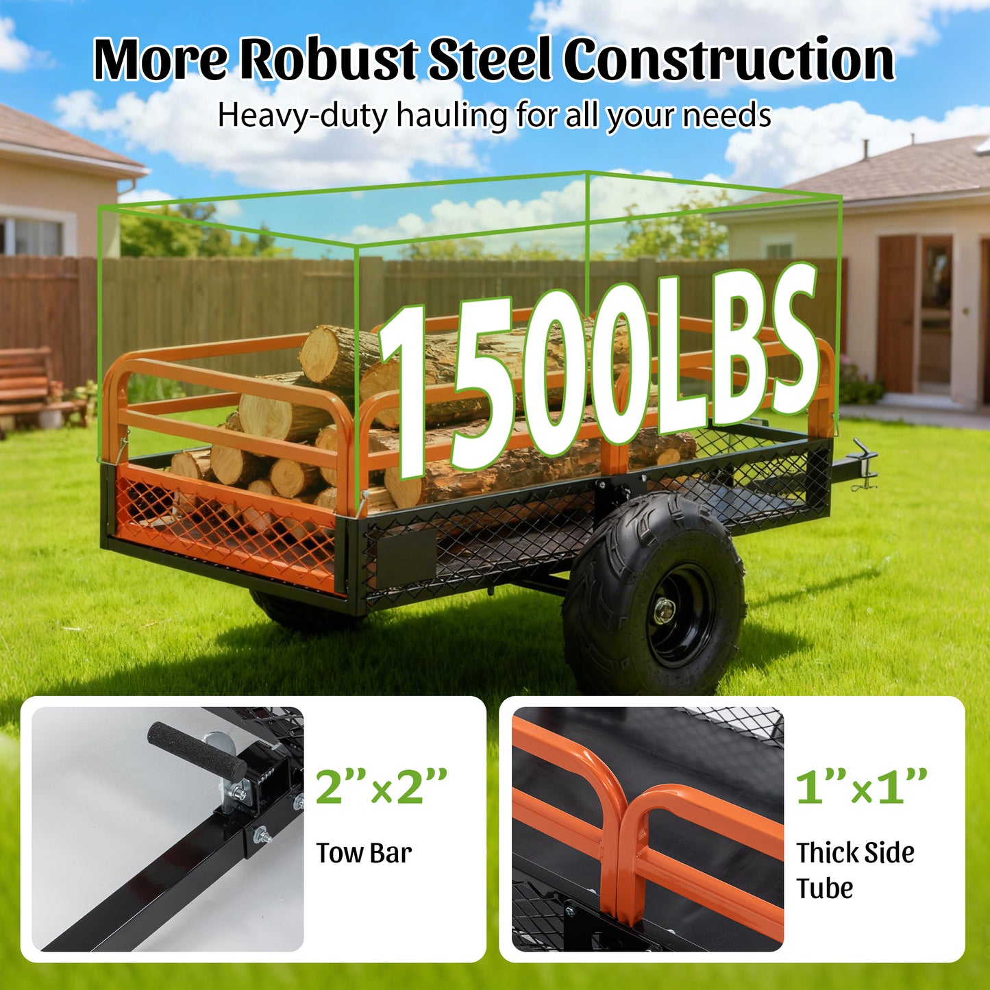 1500LBS Capacity 15 Cubic Feet Dump Cart Trailer, Heavy Duty Tow Behind Hauling & Dumping Wagon for ATV, UTV, Lawn Tractor and Garden Use image 3