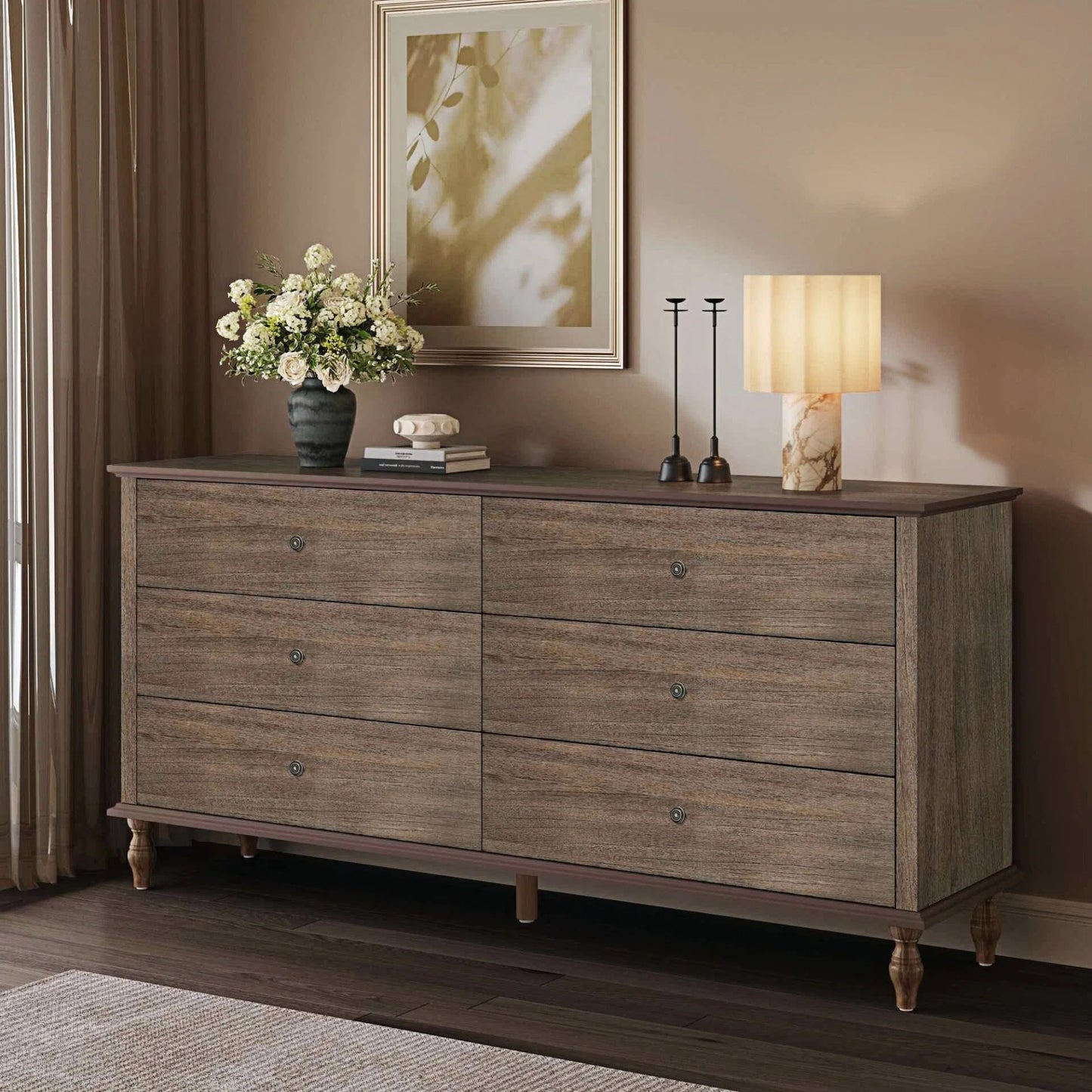 6-Drawer Double Wide Wood Dresser for Bedroom, Deep Brown Burnt Wood Finish Storage Chest with Self-Closing Slides, Metal Copper Handles, Solid Wood Roman Column Legs, Anti-Tip Kit Included image 1