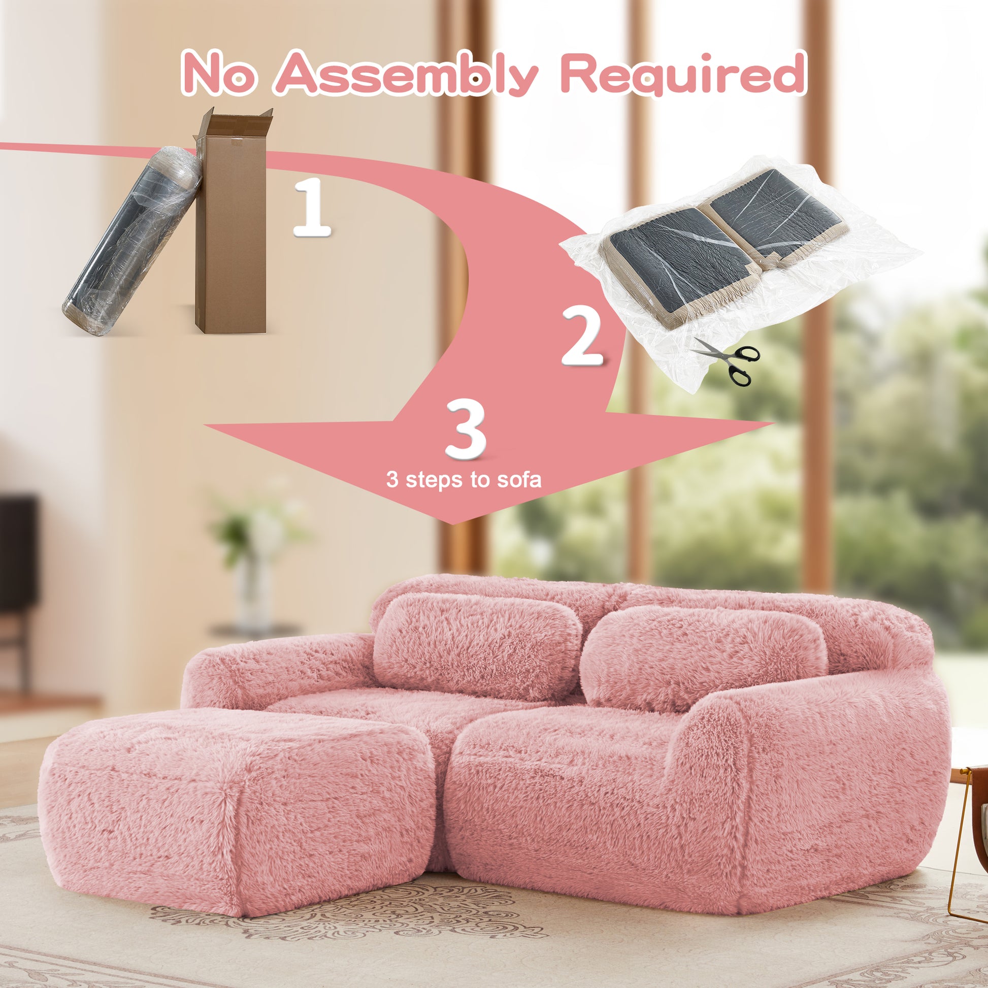 L-shaped Boneless Sofa,Soft Fluffy Plush Fabric,With Chaise 32D High Density Sponge,No Assembly Required,Ergonomic Design Bottom Anti-Slip Design,With Throw Pillows,Fits Bedrooms,Pink image 11