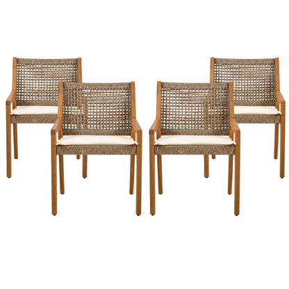 OUTDOOR DINING CHAIR SET-Acacia Wood and Wicker with Cream Cushion Patio Furniture-Teak finish & wicke Brown,Suitable for large gatherings-set of 4(N770P272397G(2-box)) image 4