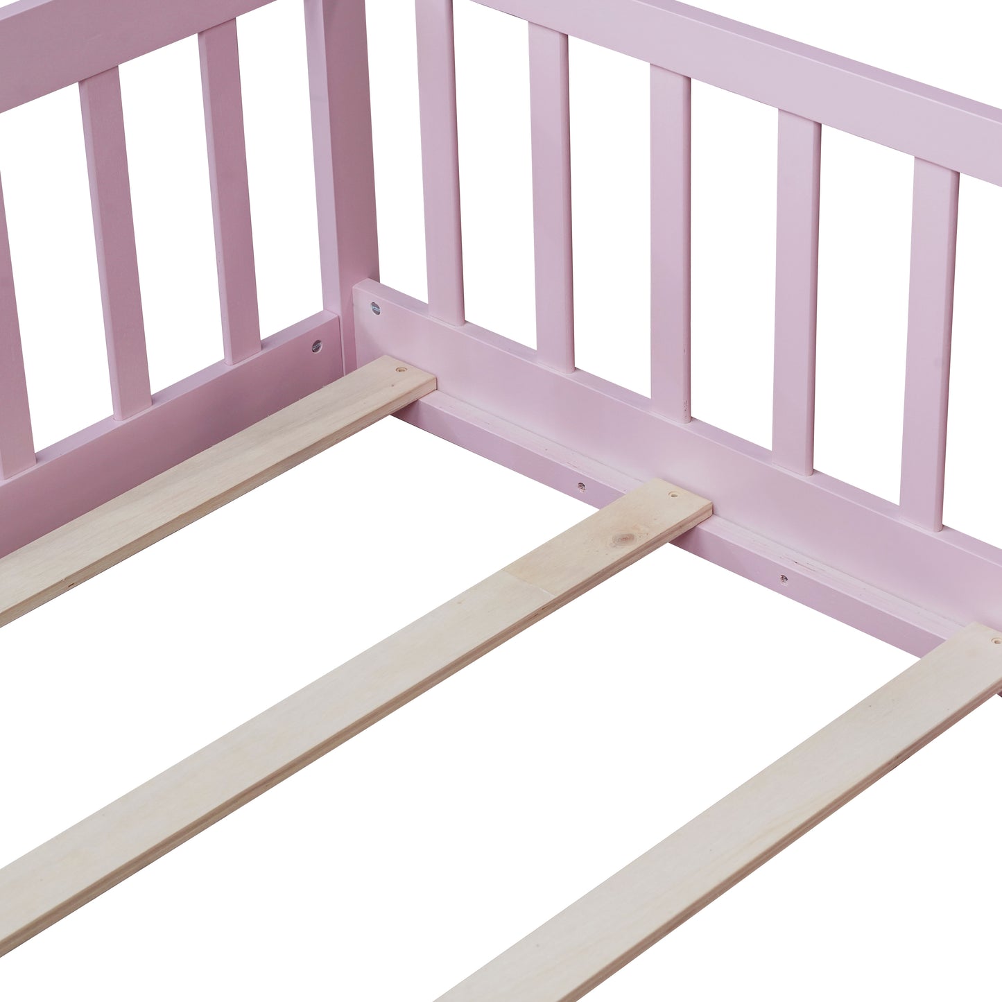 Twin Size Floor Bed with Fence without Door, Rubber Wood Floor Bed with Safety Guardrails,Pink (Old Sku W504P296798) image 9