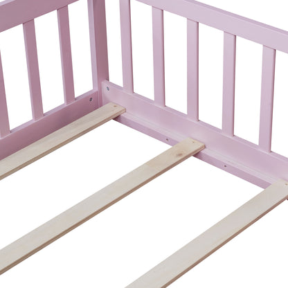 Twin Size Floor Bed with Fence without Door, Rubber Wood Floor Bed with Safety Guardrails,Pink (Old Sku W504P296798) image 9