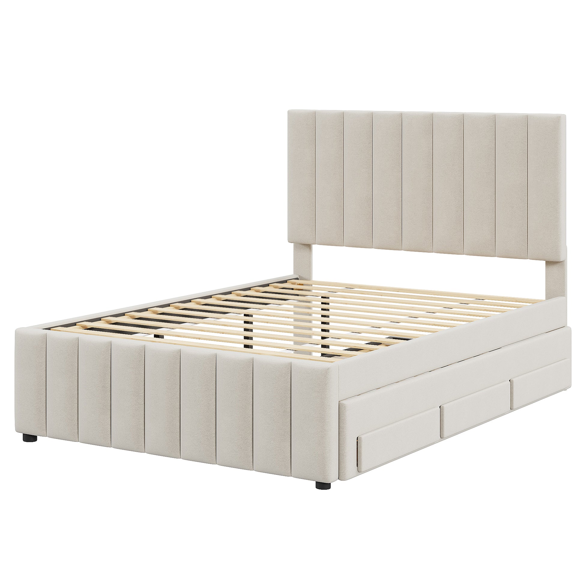 Full Size Upholstered Platform Bed with Twin Size Trundle and 3 Drawers, Linen Fabric, Beige image 5