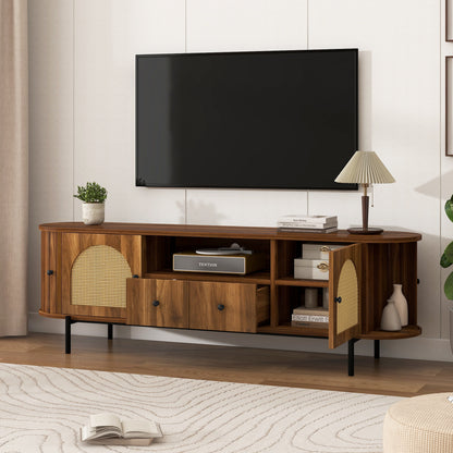 U-Can American Style TV Stand with Rattan Arched Doors, Drawers, Hidden Storage, Steel Legs, Rounded Corners image 2