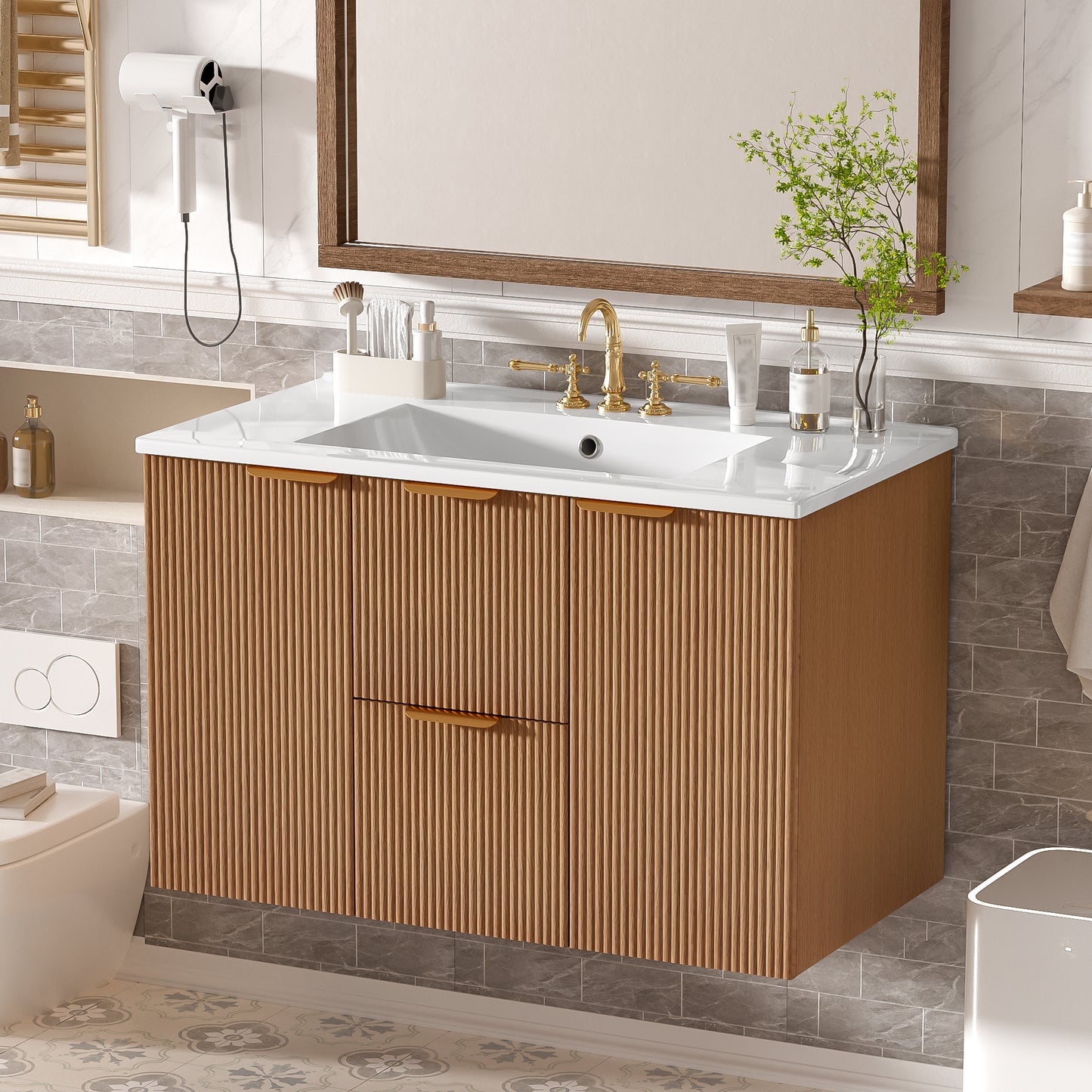 [Video]36 Inch Single Sink Bathroom Vanity with ceramic Top, MDF Cabinet, Soft Close Doors, Divided Drawers, Wall-Mounted Modern Storage Vanity image 2