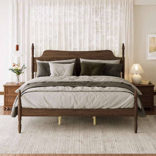(ETA:6.4-NJ:120) King Size Platform Bed Frame, Spindle Bed with Curved Tall Headboard, No Box Spring Needed, Retro Four Poster Bed, Walnut image 1