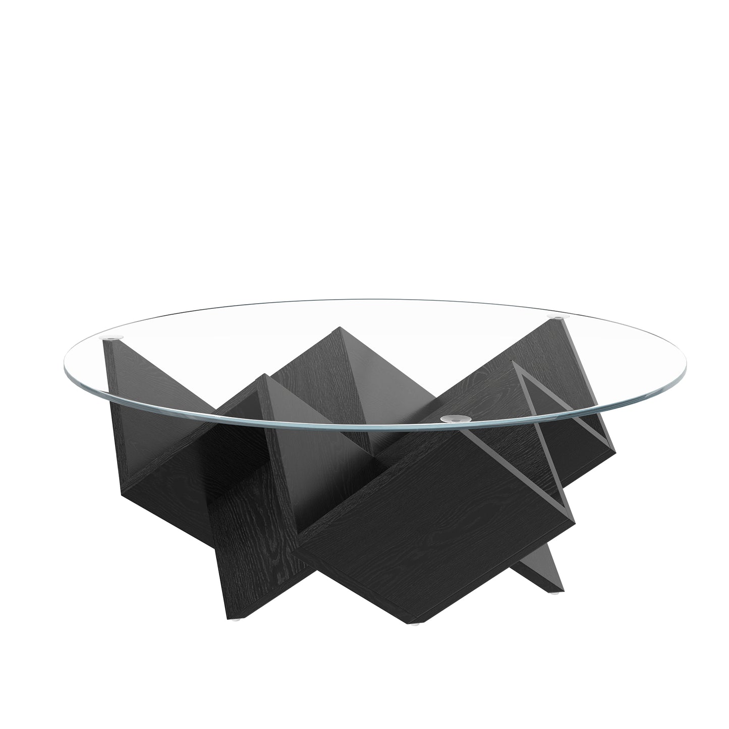 The Round Coffee Table with Glass Top and Geometric Abstract Art Deco Base Storage Shelves, Black, 35.4" image 8