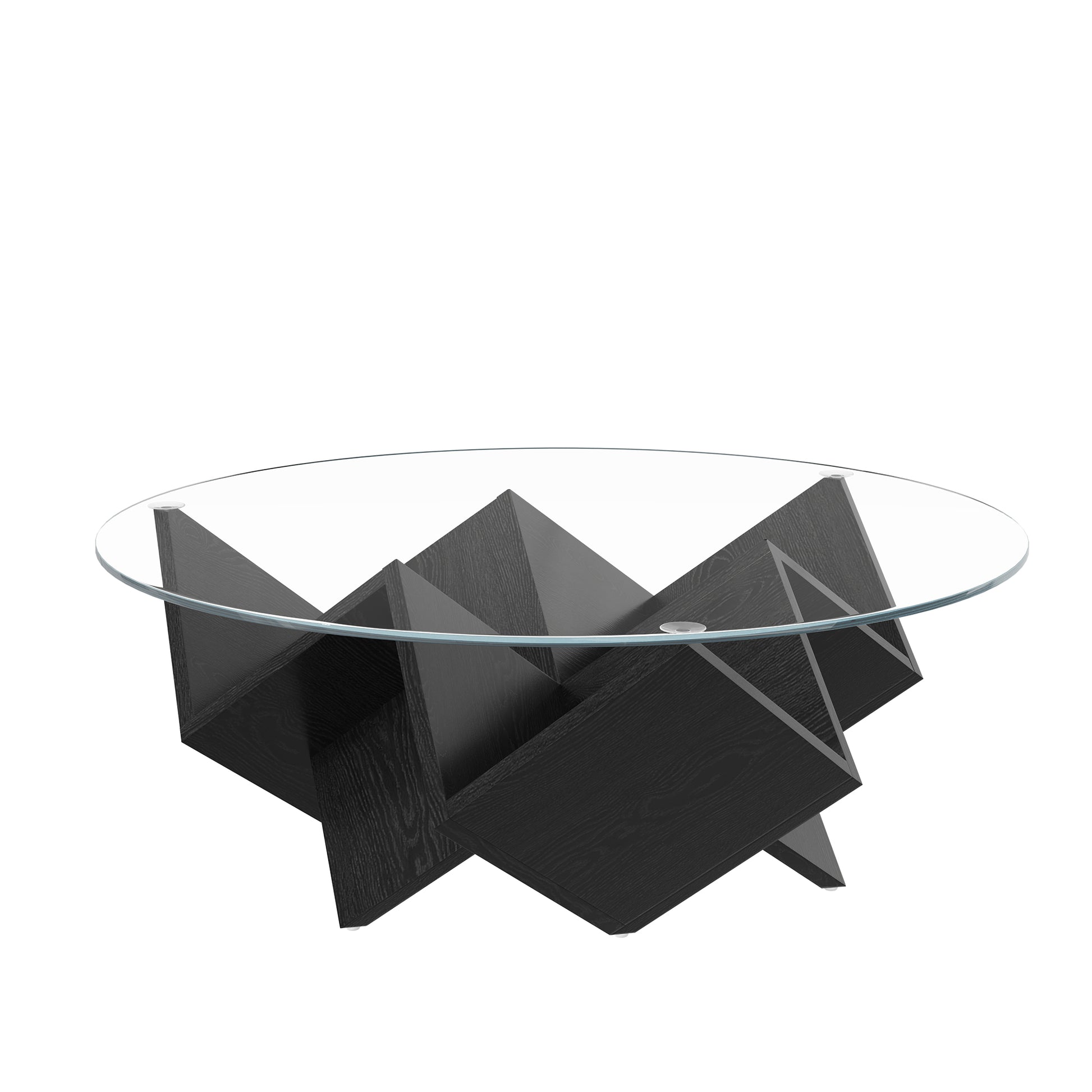 The Round Coffee Table with Glass Top and Geometric Abstract Art Deco Base Storage Shelves, Black, 35.4" image 8
