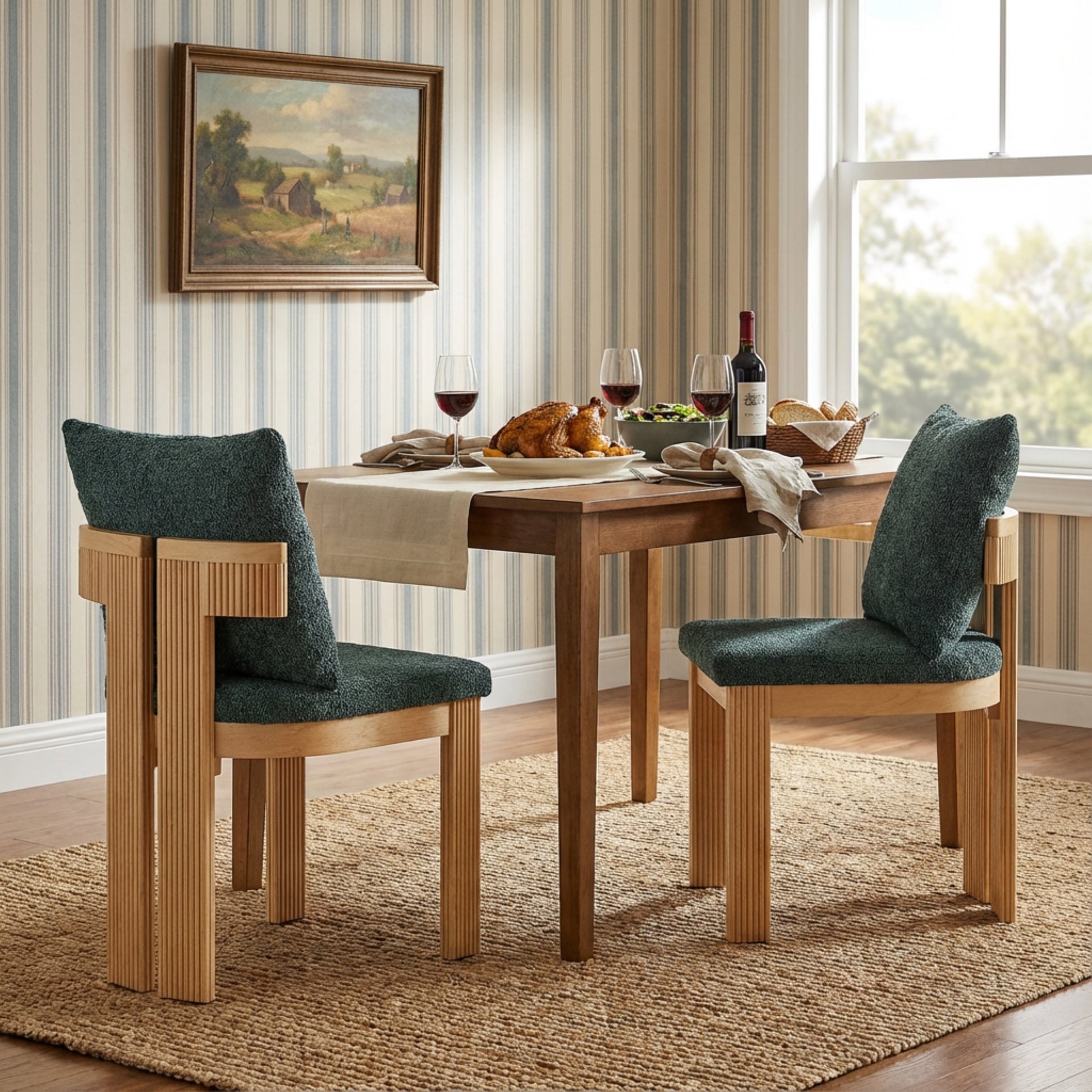 Indoor Boucle Dining Chair Set of 2, Rubber Wood Frame, Plush Green Boucle Seating, 250lbs Weight Capacity for Kitchen & Dining Room image 2