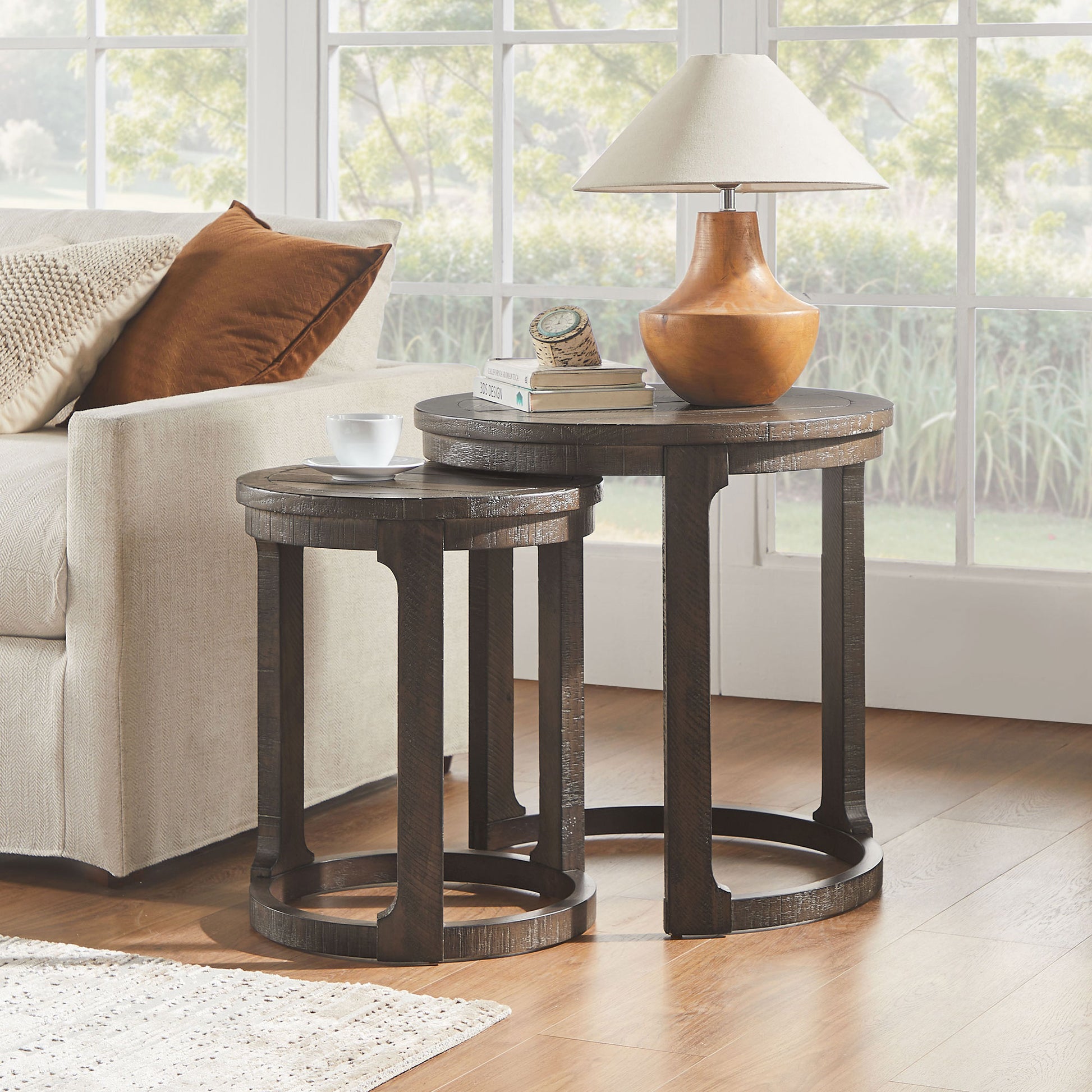 24 inch 2PCS Curved Traditional Round Circle Wooden Coffee Table Set,Mid Century Rustic Style Side Table,End Table for living Room,Office,Apartmen,Drak Brown image 1