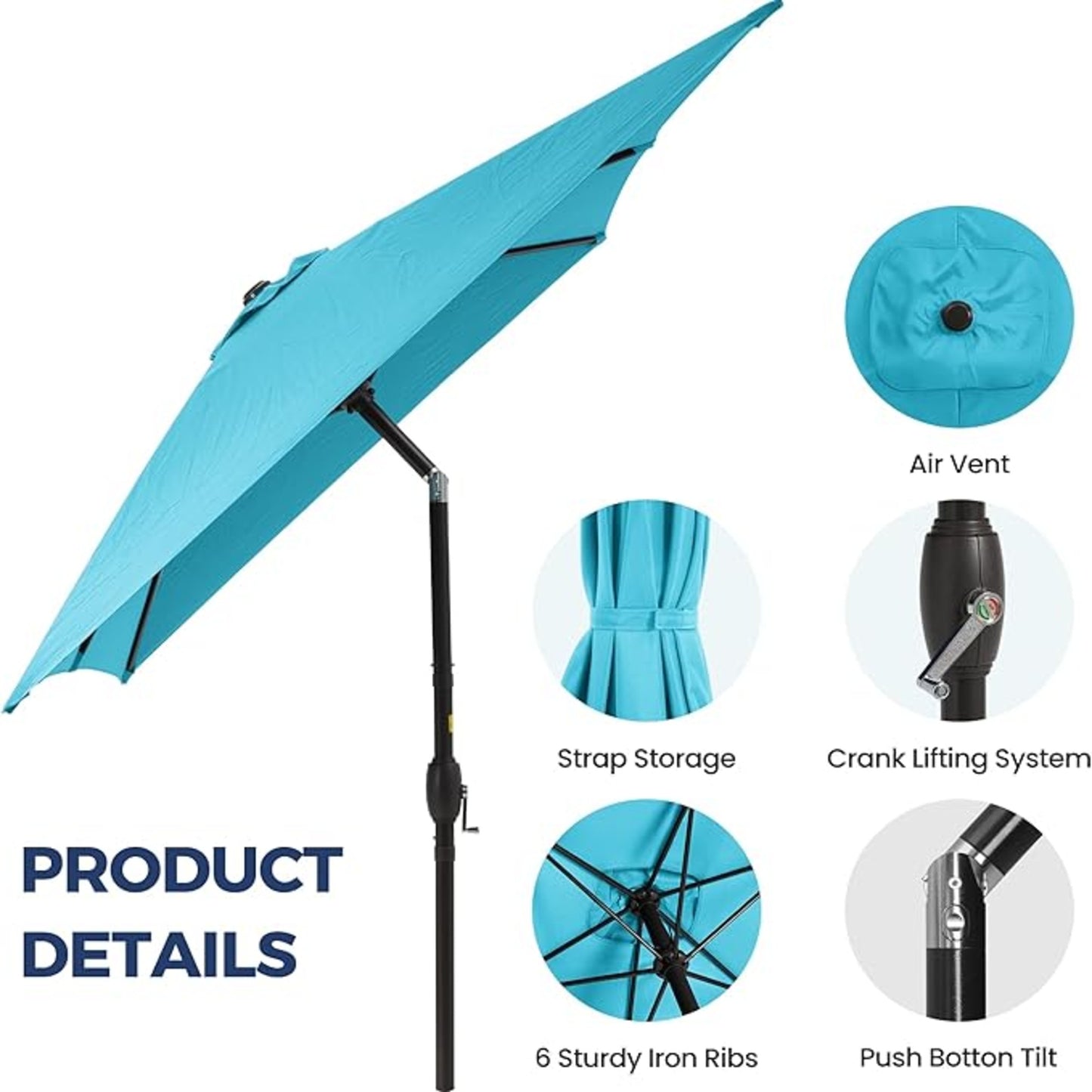 6.5 x 10 ft Turquoise Rectangular Patio Umbrella with Crank, Tilt, Polyester UV-Resistant Canopy for Pool, Backyard & Patio (Without base) image 9
