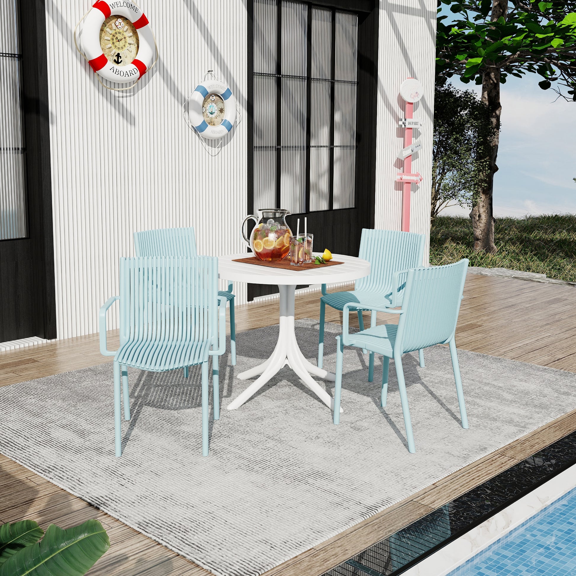 Summer - 4pcs Light Blue Stackable PP Armchair for Indoor/Outdoor Use – Ergonomic Slatted Back with 36 Inch Indoor/Outdoor Modern White Round PP Table image 1