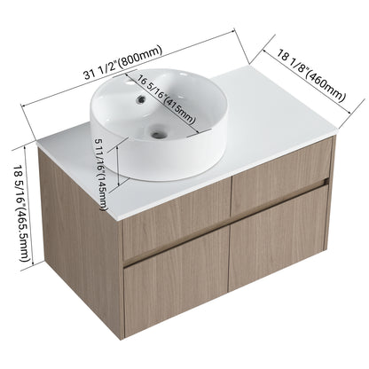 32 Inch Wall-Mounted Bathroom Vanity with Ceramic Art Basin, and PVC Flat Panel, 2-Soft Close Doors and 1-Drawer, KD-Packing, Particle Board image 4