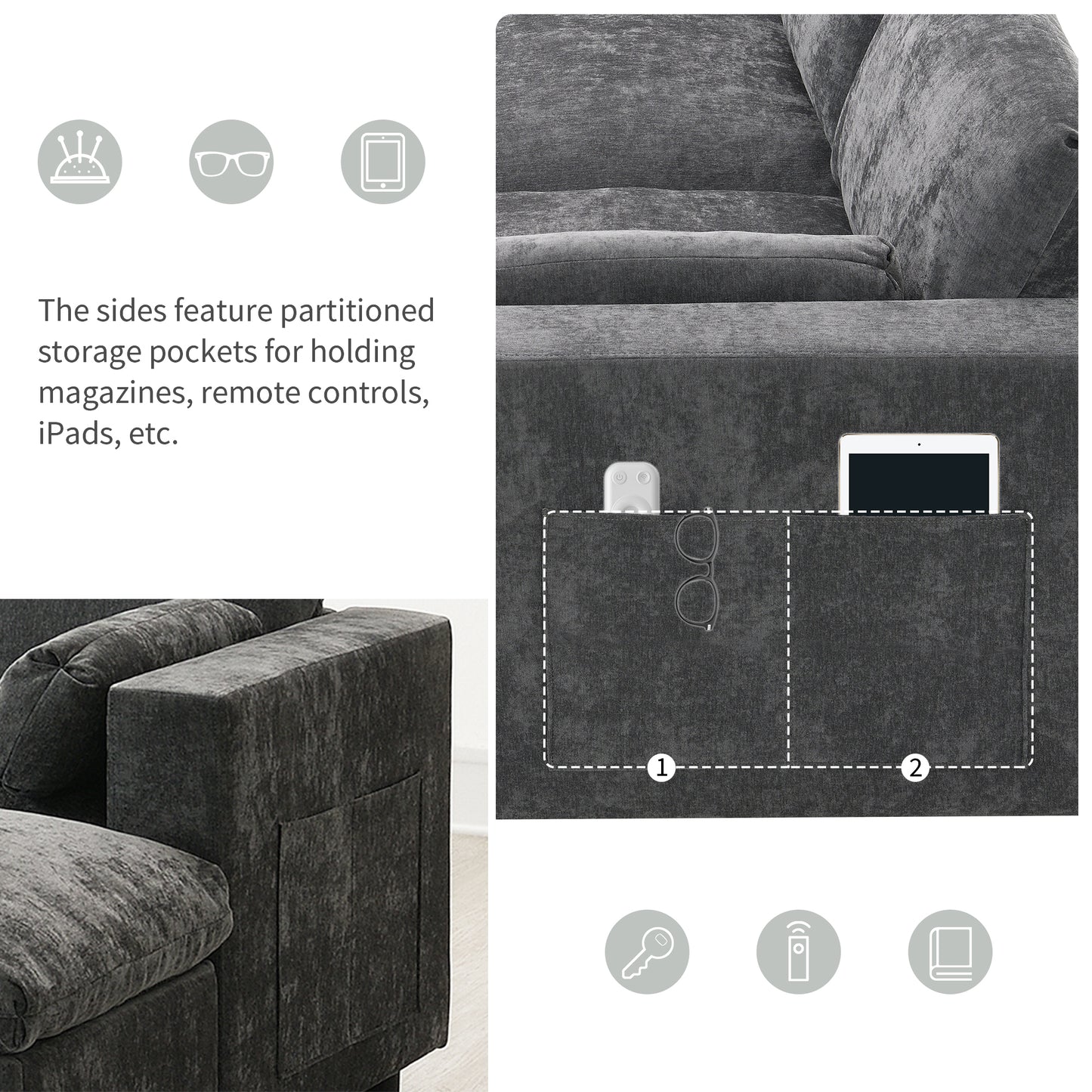 [NEW SKU of N723S7723E]84.5'' Modular Sectional Sofa with Storage Pockets, 5 Seat U Shaped Chenille Couch Set with Pillows, Free Combination Modern Cloud Sofa with Movable Ottoman image 4