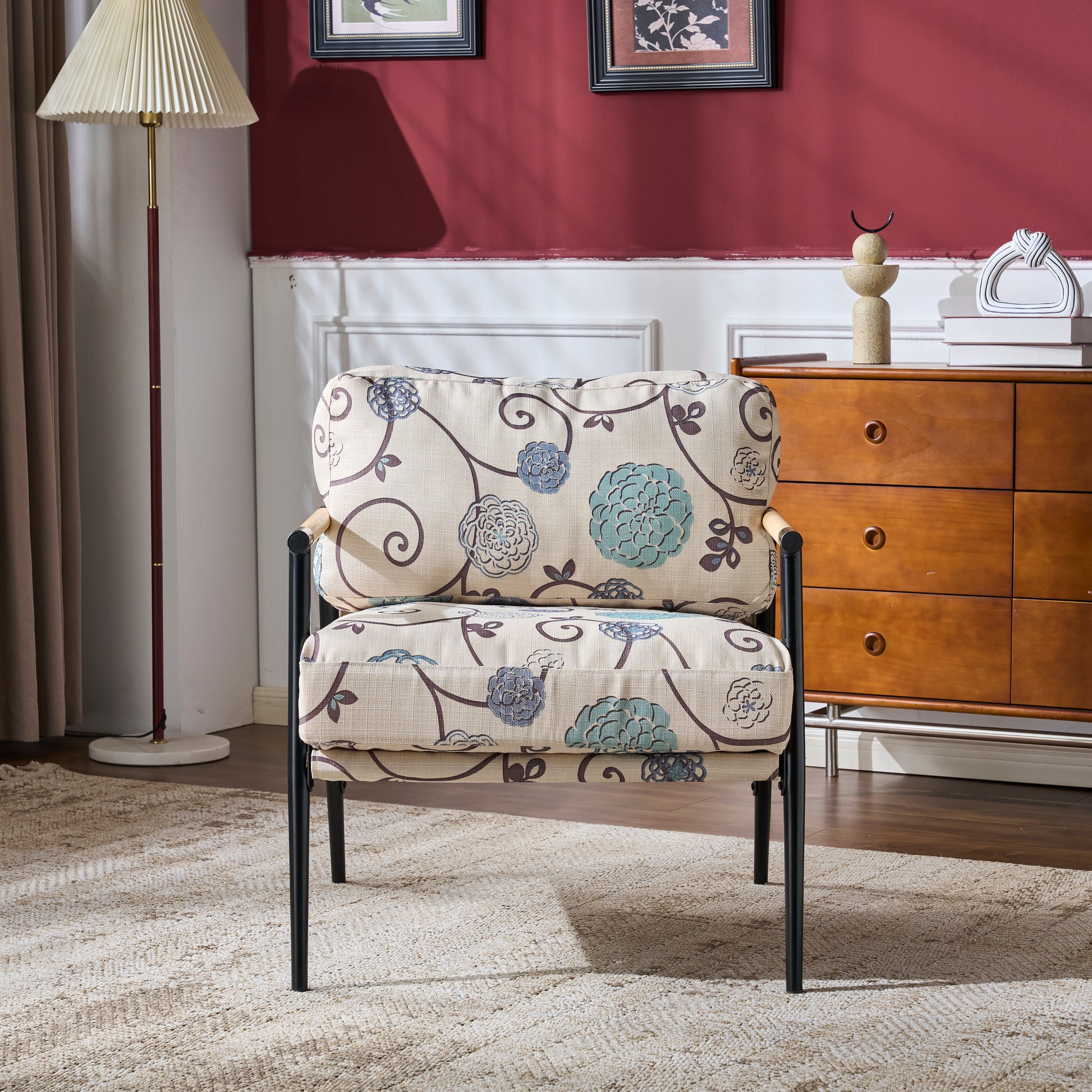 27.56" Modern Accent Chair with Plush Cushions, Minimalist Metal Frame, and Wooden Armrest Design – Perfect for Cozy Living Room, Bedroom, or Office Seating image 2