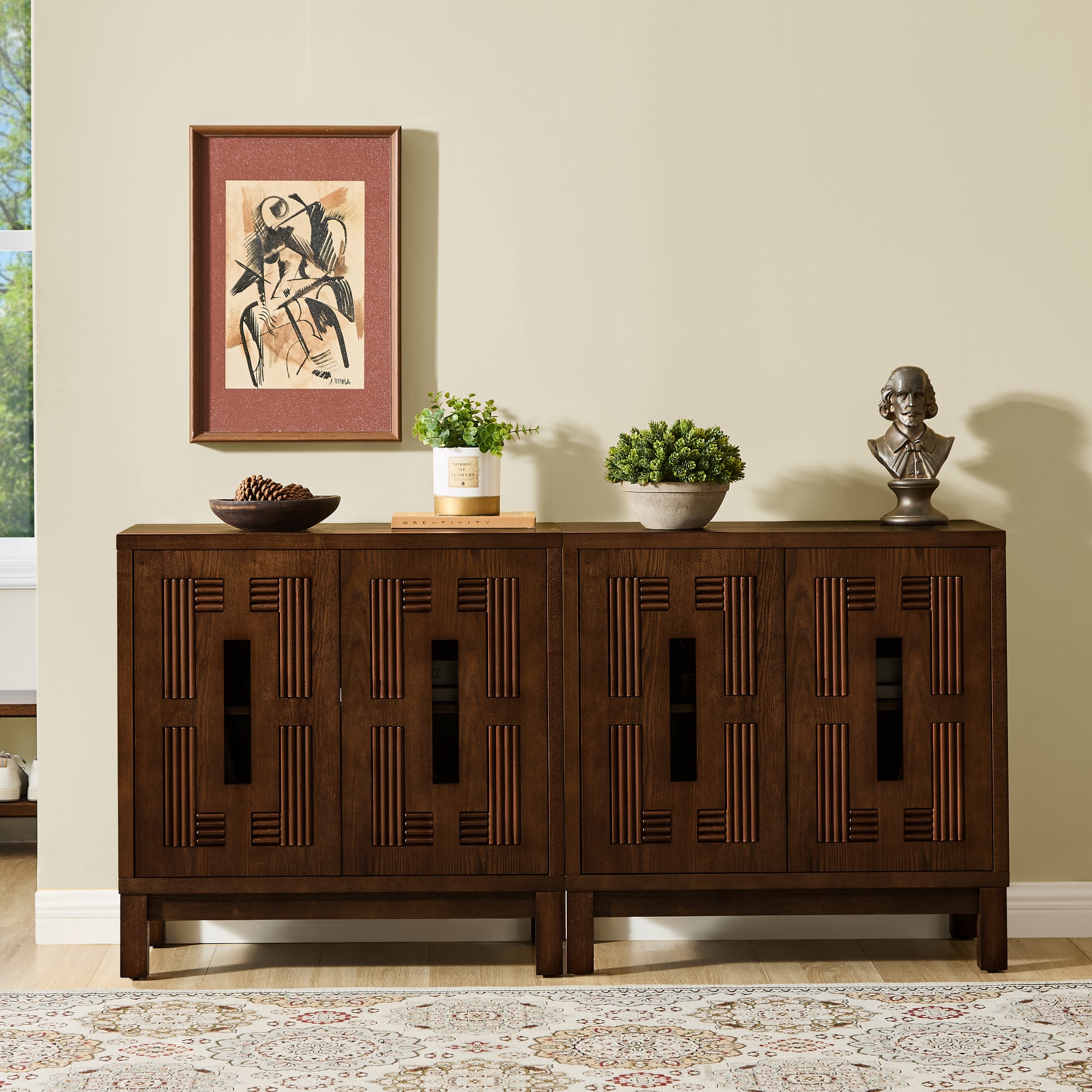31.5" Mid Century Modern Sideboard Buffet Cabinet with Storage, Carved Openwork Design Display Cabinets, Storage Cabinet with 2 Doors & Adjustable Shelf for Kitchen Dining Living Room Entryway Hallway image 3