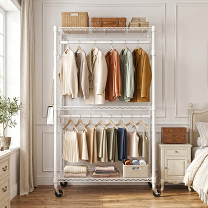 Heavy Duty Rolling Garment Rack 3 Tiers Adjustable Wire Shelving Clothes Rack with 2 Rods and Side Hooks,Storage Closet Clothing Rack with Wheels White 15.7" D x 29.5" W x 74.5" H image 6