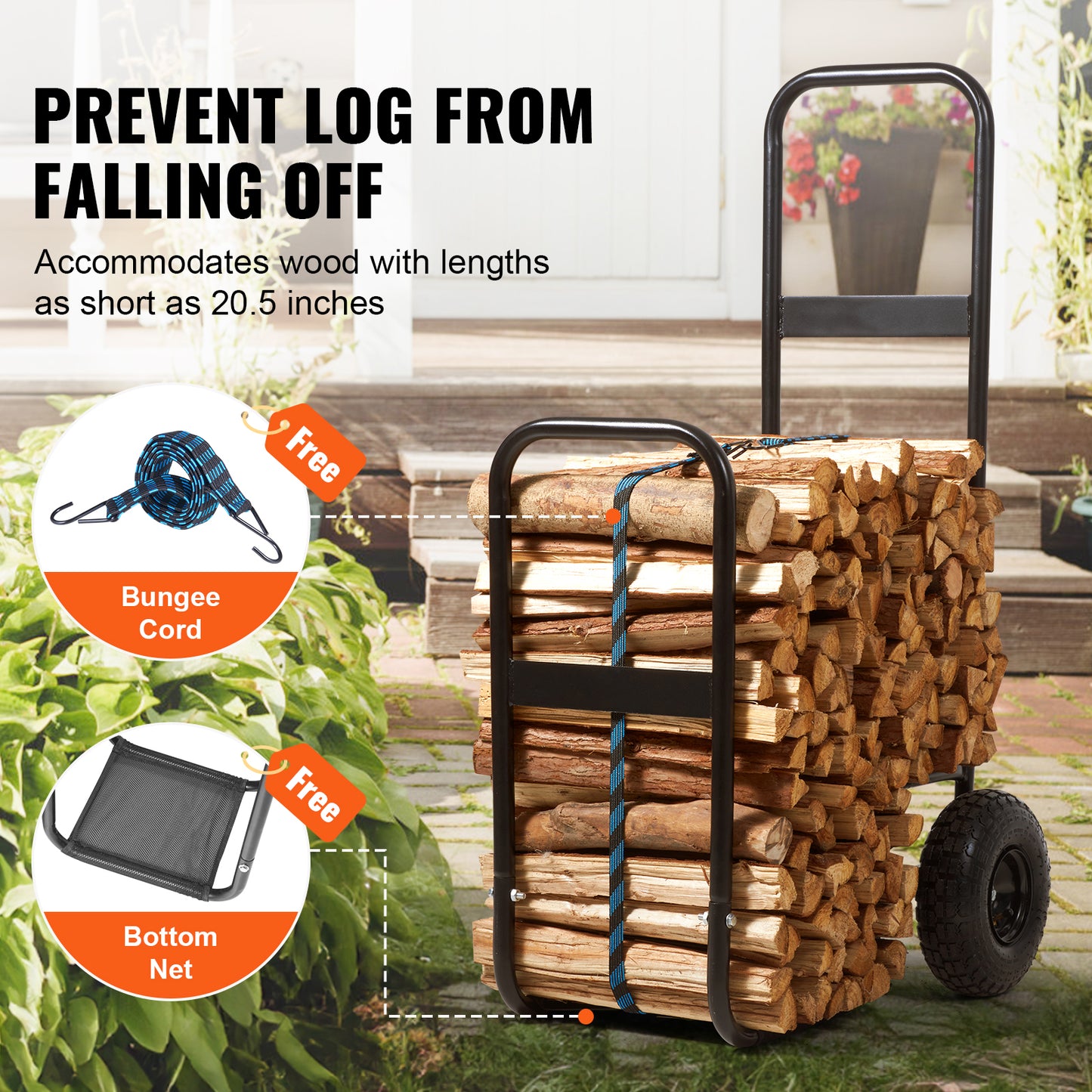 Firewood Log Cart, 250 lbs Load Capacity, Outdoor and Indoor Wood Rack Storage Mover with Pneumatic Rubber Wheels, Heavy Duty Steel Dolly Hauler, Firewood Carrier for Fireplace, Fire Pit, Black image 7