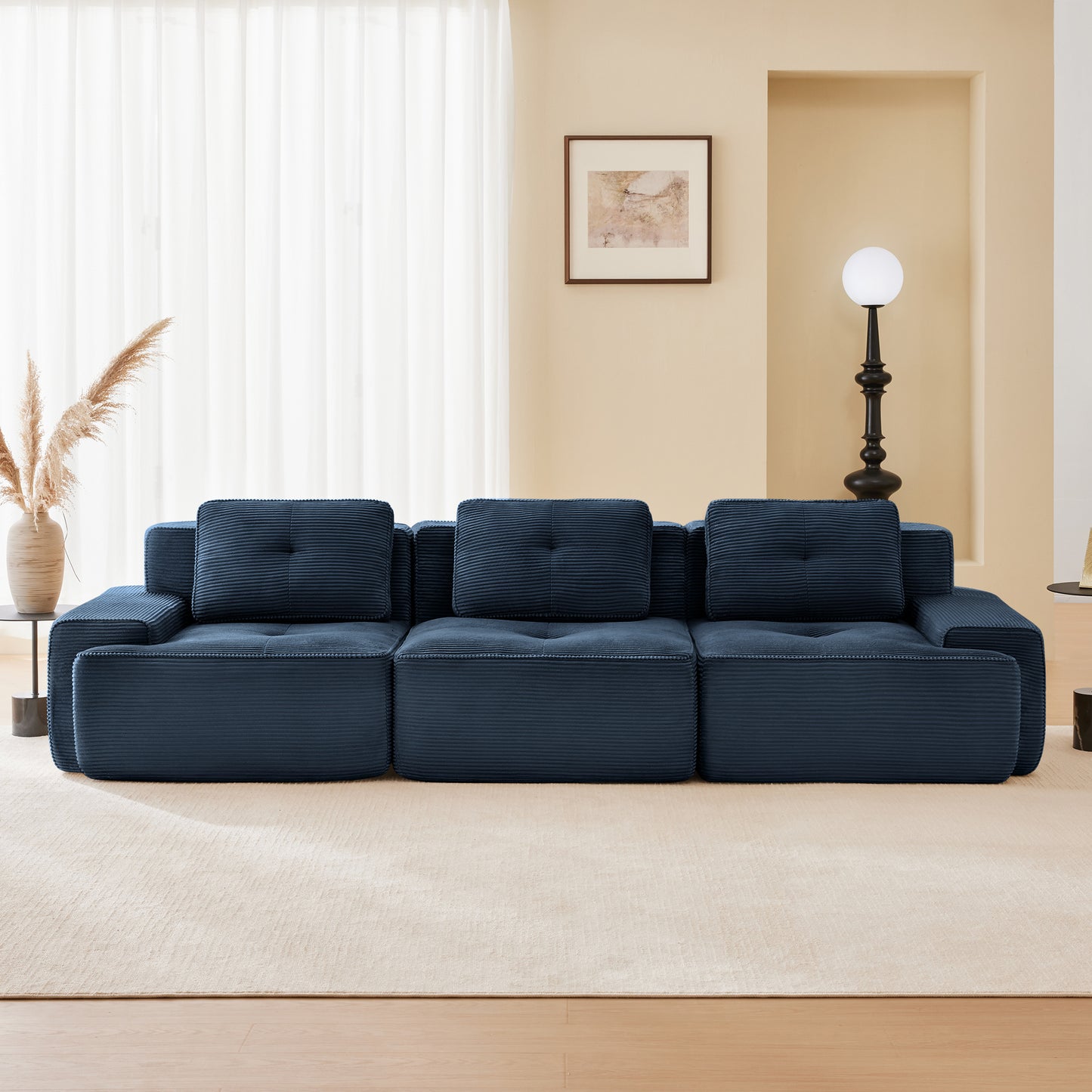117" Modern Modular Sectional Sofa for Living Room, Corduroy Fabric,Oversized 3-Seater Couch with Deep Seat, Pearl-like piping, Tufted Design,Buckle connection,No Assembly,Anti-slip Design,Blue image 1