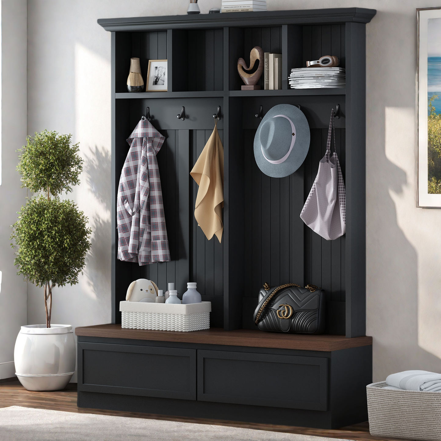 Farmhouse 4-in-1 Hall Tree with Wood Grain Bench, Mudroom Versatile Coat Rack with 2 Large Drawer, Entrance Organizer for Hallway, Living Room, Black, 55.9"W (OLD SKU: N721P313099B) image 1