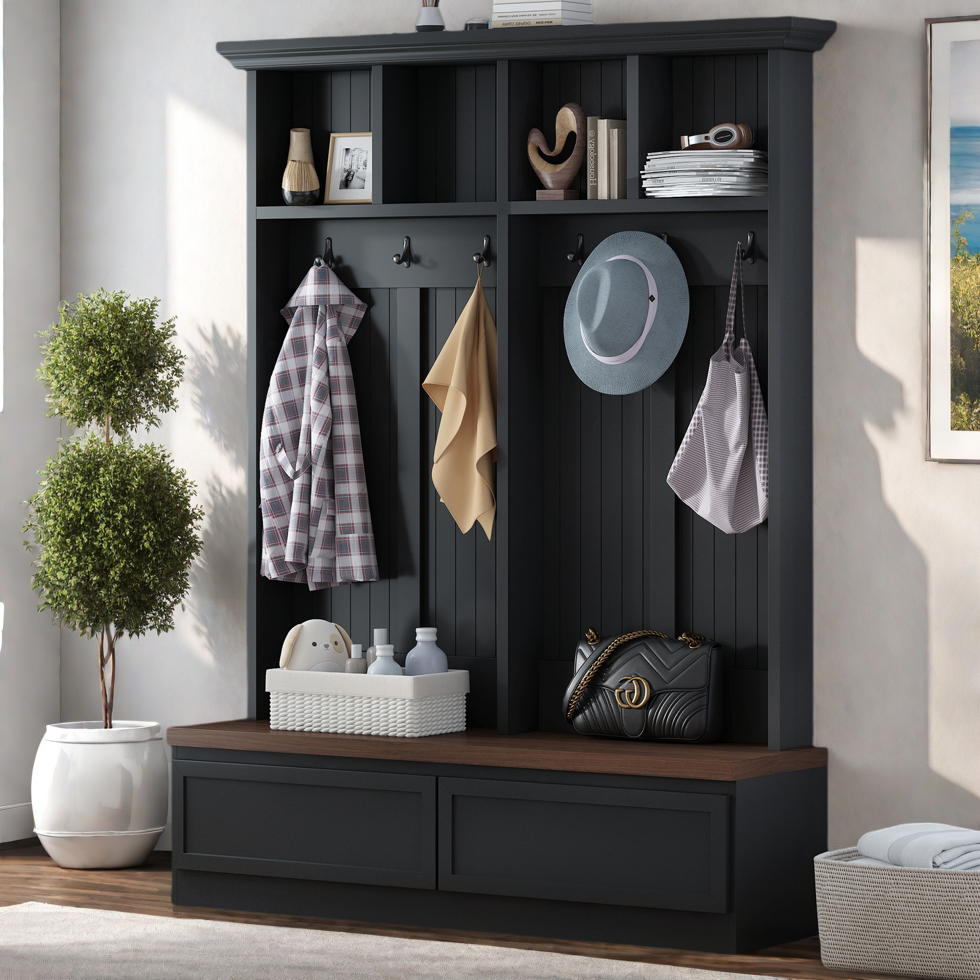 Farmhouse 4-in-1 Hall Tree with Wood Grain Bench, Mudroom Versatile Coat Rack with 2 Large Drawer, Entrance Organizer for Hallway, Living Room, Black, 55.9"W (OLD SKU: N721P313099B) image 1