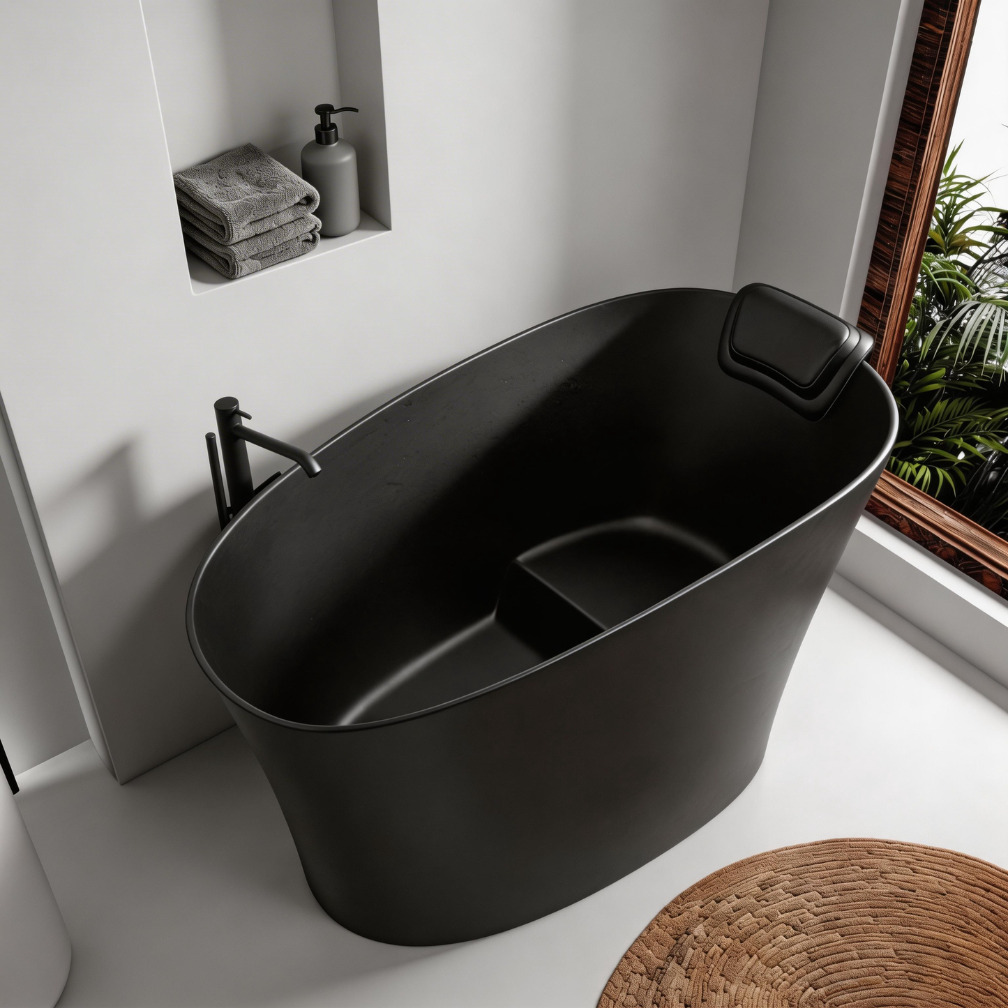 51" Solid Surface Oval Freestanding Black Bathtub with Overflow and Drain Assembly, with Integral Seat and headrest, LTL image 2