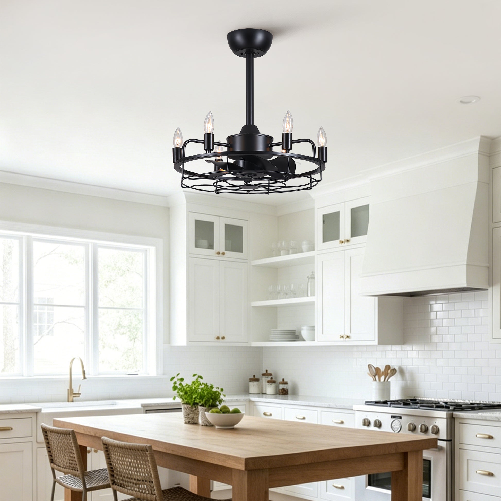 20" Industrial Ceiling Fan with Lights, Farmhouse Fandelier with 6 E12 Sockets, Reversible DC Motor, 6 Speeds Remote Control Ceiling Fan for Dining Room Kitchen Bedroom image 6