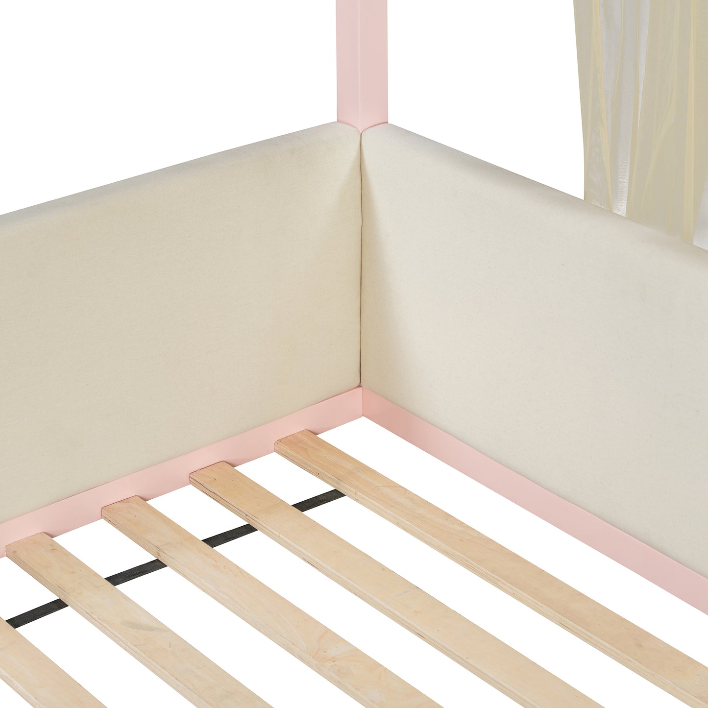Twin Size Canopy Bed with Upholstered Velvet Side Panels, Breathable Gauze Canopy, Soft-Padded Platform Bed Frame, Easy Assembly Modern Bed for Bedroom, Guest Room-Pink image 12