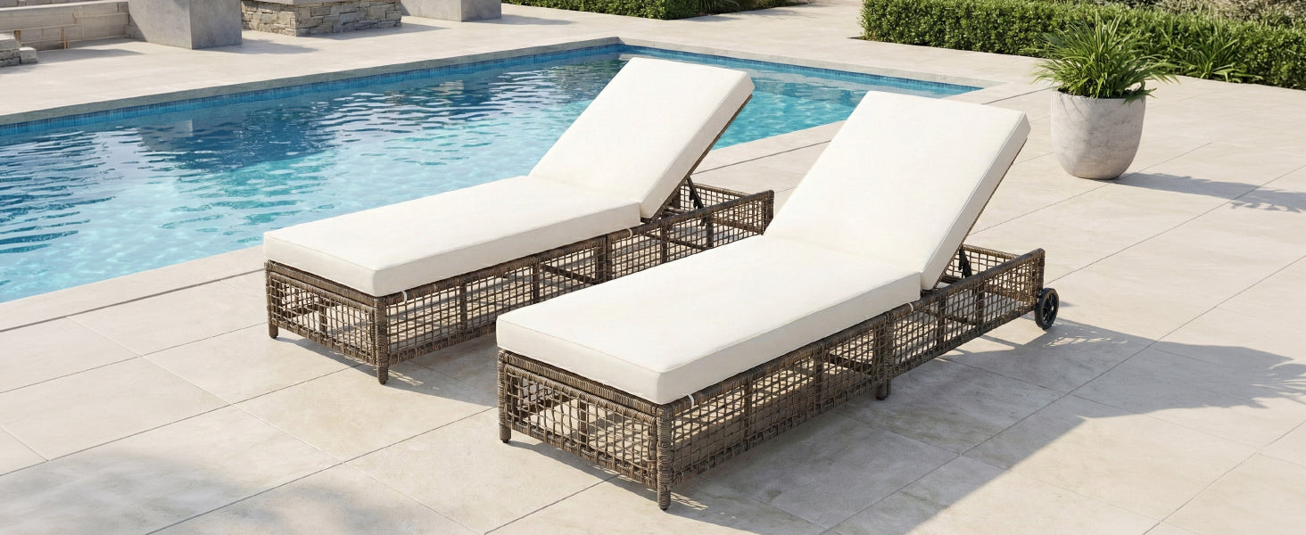 TREXM Outdoor Lounge Chair, Patio Chaise Lounge with 5-Position Backrest, Rattan Outdoor Lounge Chair with Cushion and Wheels for Poolside, Backyard, Garden (Beige Cushion+Grey Brown) image 5