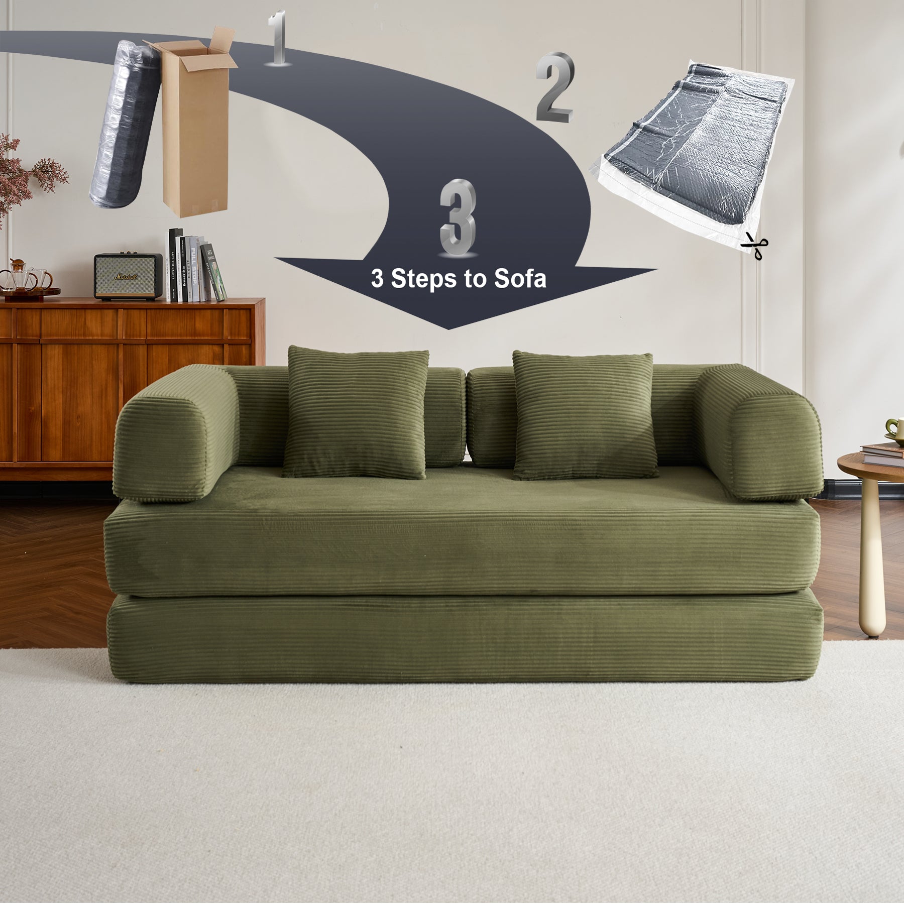 Convertible Sleeper Sofa Bed with Cylindrical Pillow, Corduroy Folding Mattress Couch with Fixed-Shape Frame, Floor Sofa Lounge Couch for Living Room Bedroom (Green) image 6