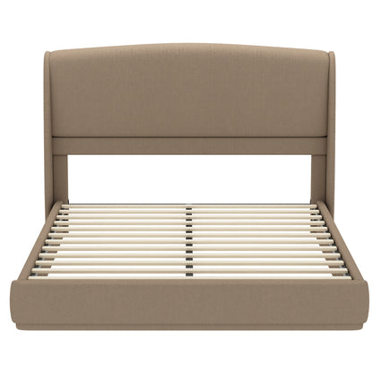 Upholstered Queen Bed Frame with Wingback Headboard, Low Profile Platform Bed with Padded Headboard, No Box Spring Needed, Easy Assembly, Elegant Linen Fabric, Brown image 11