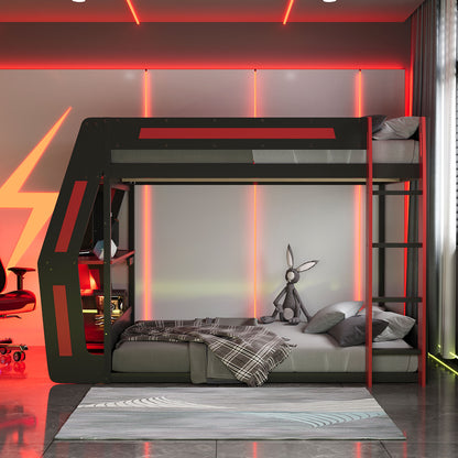 Full-Size Gaming Bunk Bed with Side-Mounted Oversized RGB Desk, USB Charging Ports & Cable Grommet, LED Light Strip, Heavy-Duty Esports Loft Frame – Cool Design-Red image 2