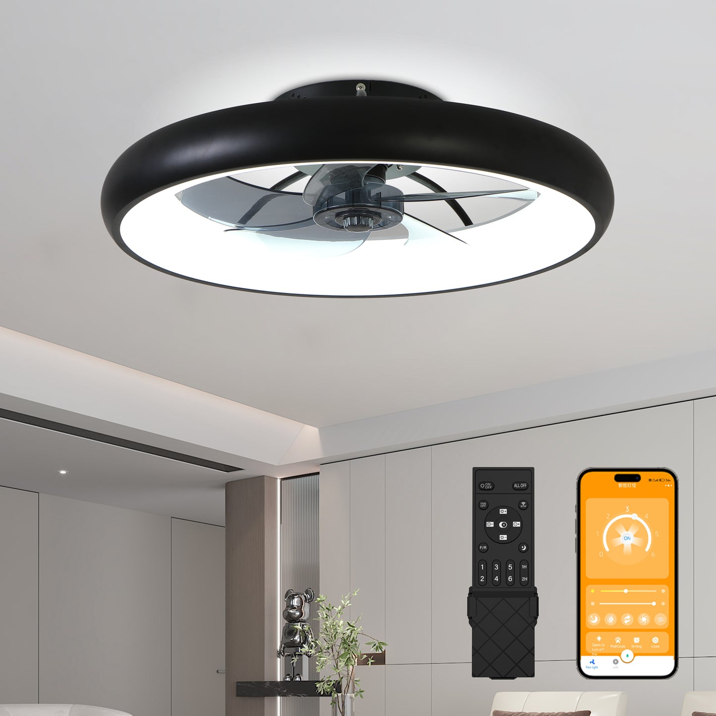 21.7 inch ultra-thin black ceiling fan with light - front view