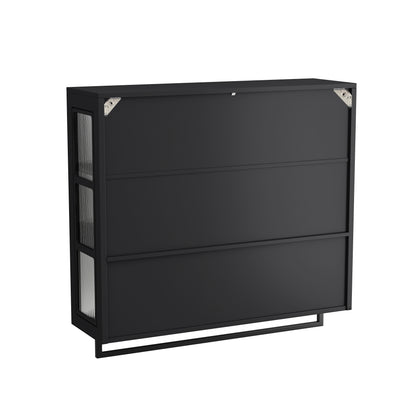 Bathroom Wall Cabinet, 3-Door Wooden Wall Cabinet with Open and Hidden Storage Space, Medicine Cabinet with Glass Door and Towel Bar for Entryway Living Room Bathroom Dining Room,Black image 10