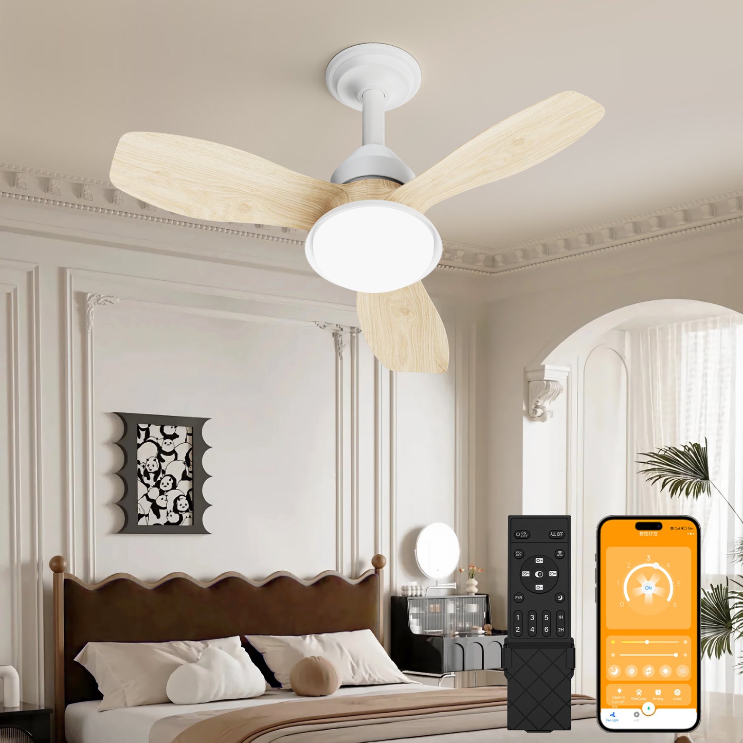 24.4" Wood Grain Ceiling Fan with Light, 3 Blades, 6-Speed Reversible Quiet DC Motor, Dimmable LED, APP & Remote Control, Flush Mount for Bedroom Living Room Farmhouse image 1