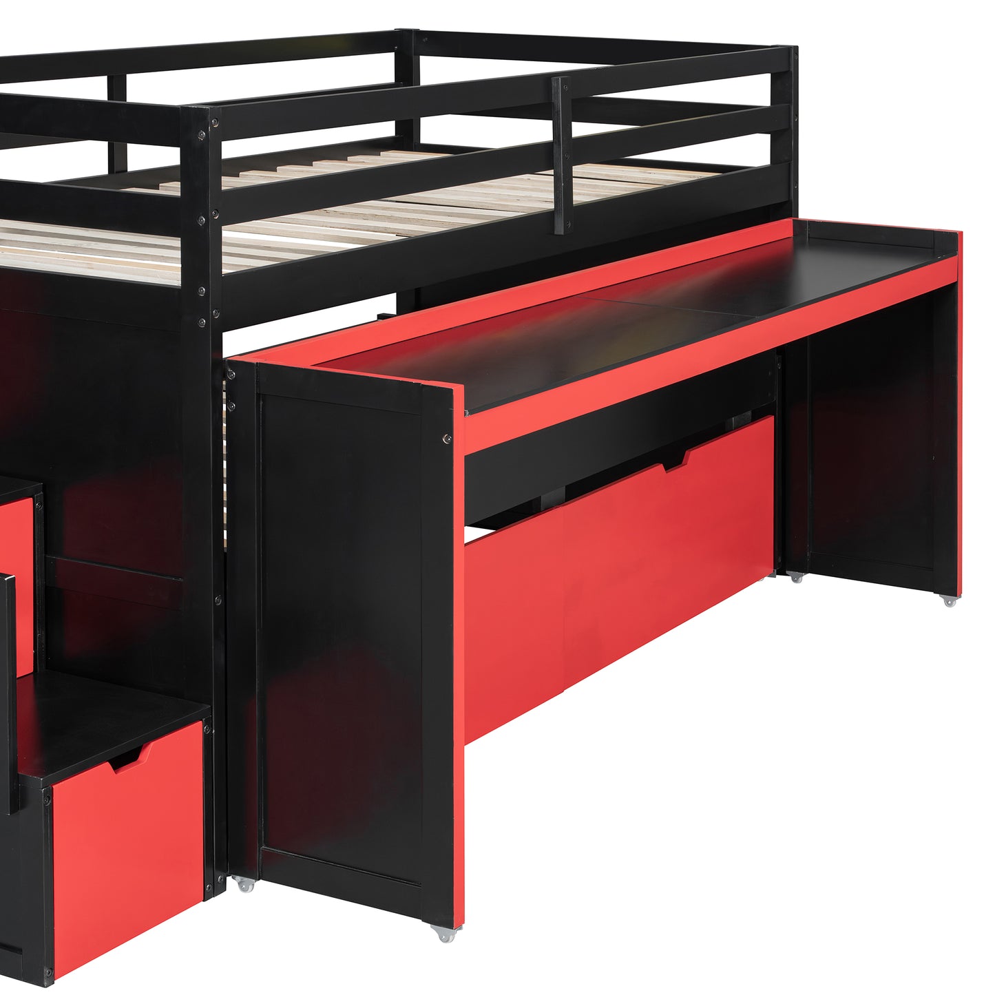 Twin XL Loft Bed with Pull-Out Desk and Twin Trundle, Multi-Functional Bunk Bed with 2 Storage Drawers and Storage Steps, Space-Saving Gaming & Workstation Bedframe, Black+Red image 7