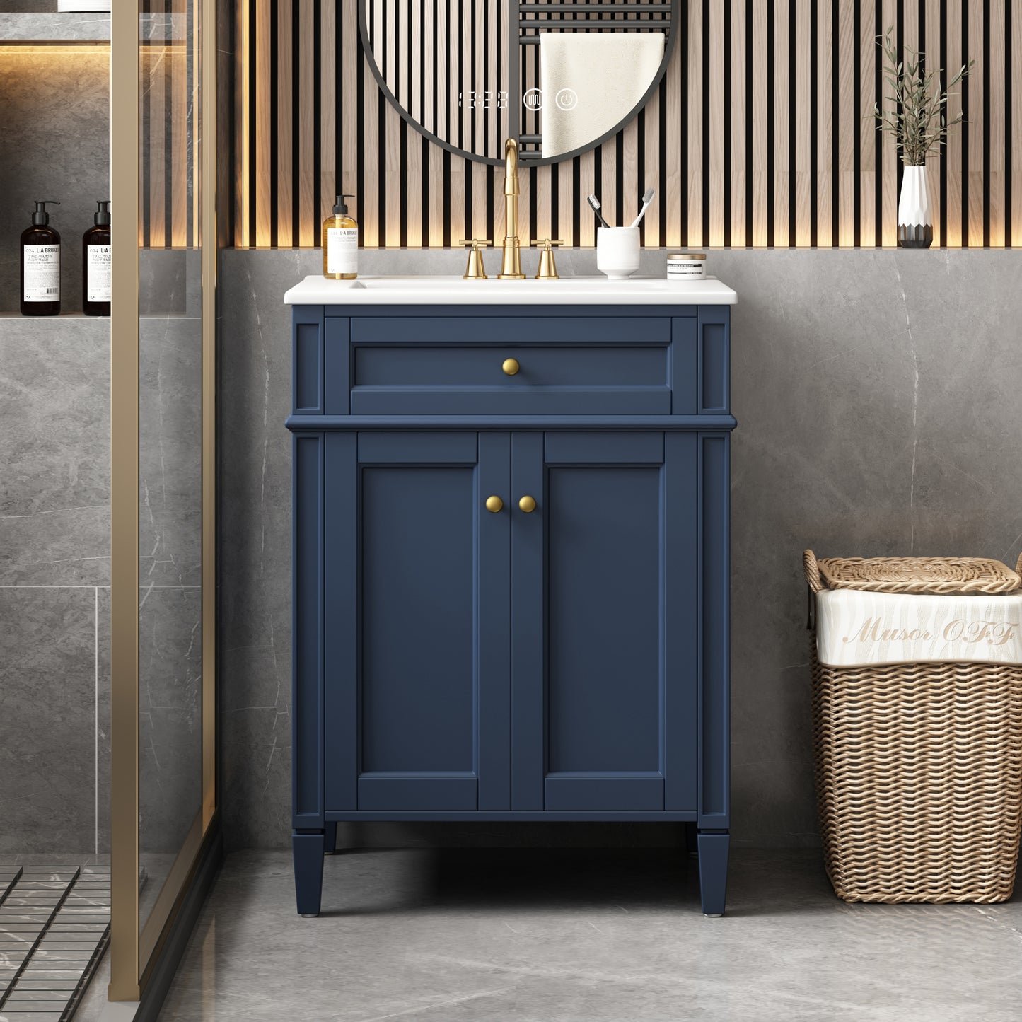 24" Bathroom Vanity with 2 Doors and Tip-Out Drawer, Bathroom Storage Cabinet with Sink, Soft-Closing Doors with Organizers image 3