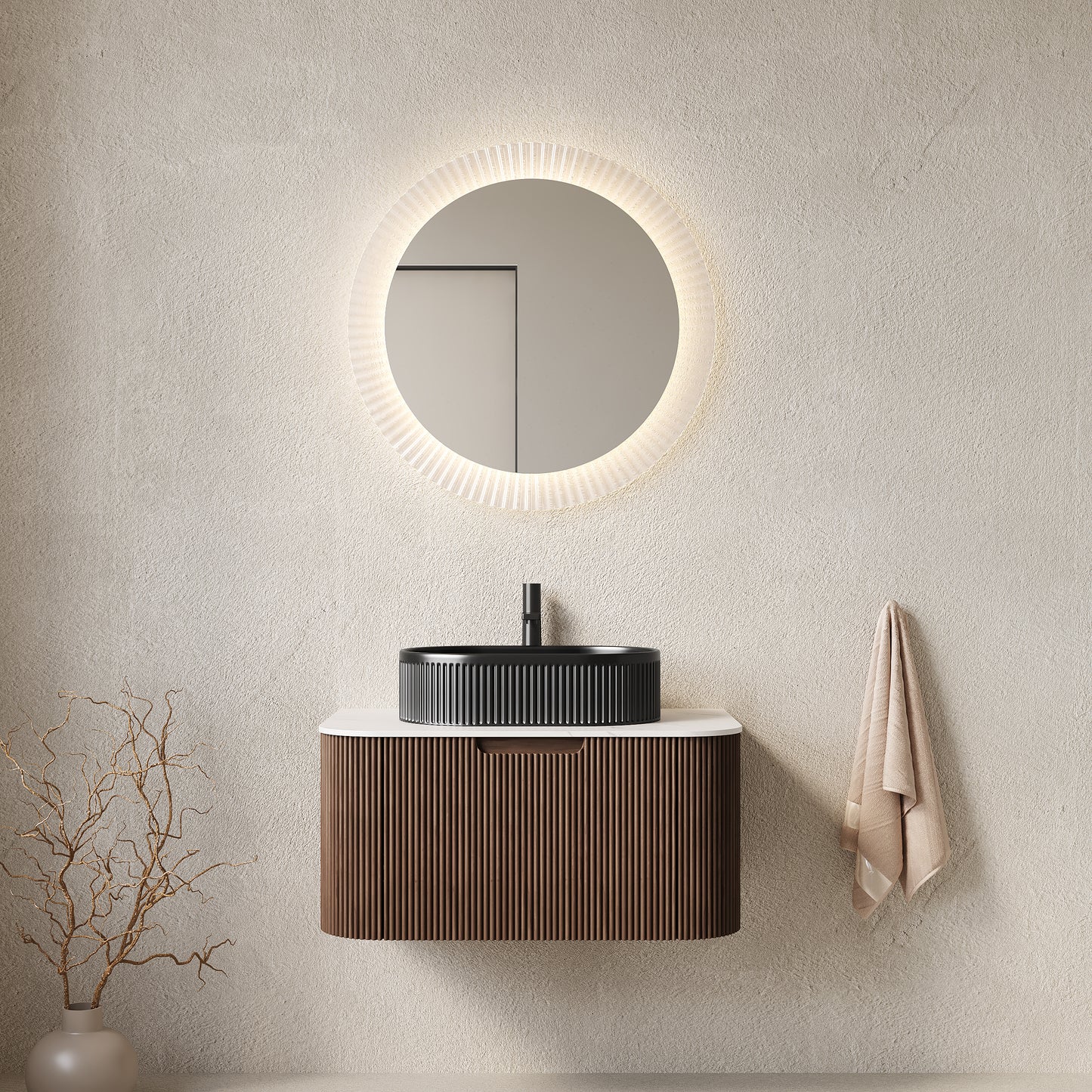 DINA 30" Bathroom Vanity with Sink, Modern Wall-Mounted Curved Edges Striped Bathroom Storage Cabinet with a Drawer, Black Ceramic Vessel Basin, NO Faucet, Pre-assembled, Dark Walnut Woodgrain Color image 1