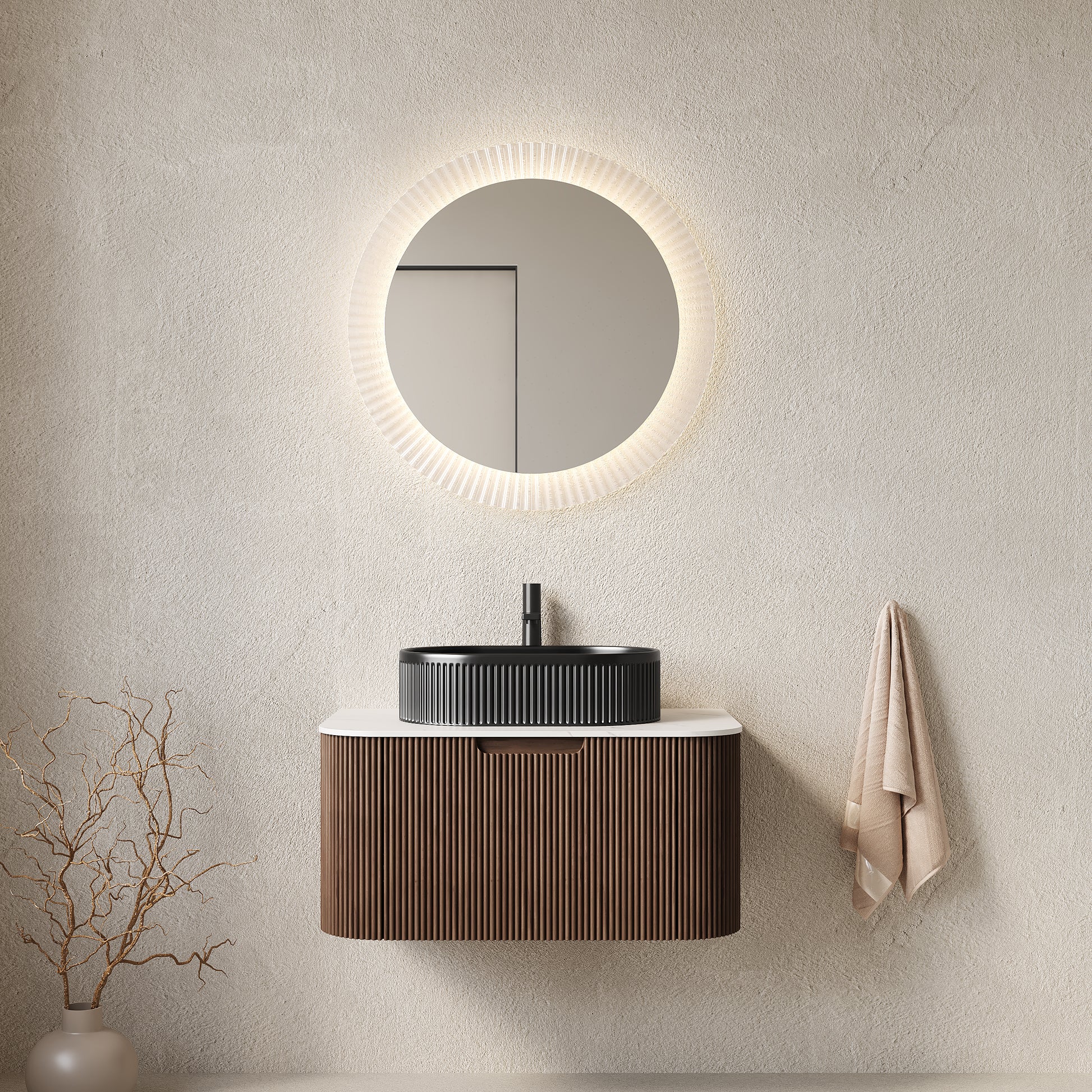 DINA 30" Bathroom Vanity with Sink, Modern Wall-Mounted Curved Edges Striped Bathroom Storage Cabinet with a Drawer, Black Ceramic Vessel Basin, NO Faucet, Pre-assembled, Dark Walnut Woodgrain Color image 1