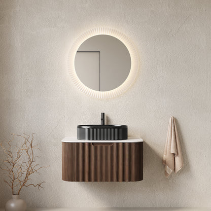 DINA 30" Bathroom Vanity with Sink, Modern Wall-Mounted Curved Edges Striped Bathroom Storage Cabinet with a Drawer, Black Ceramic Vessel Basin, NO Faucet, Pre-assembled, Dark Walnut Woodgrain Color image 1
