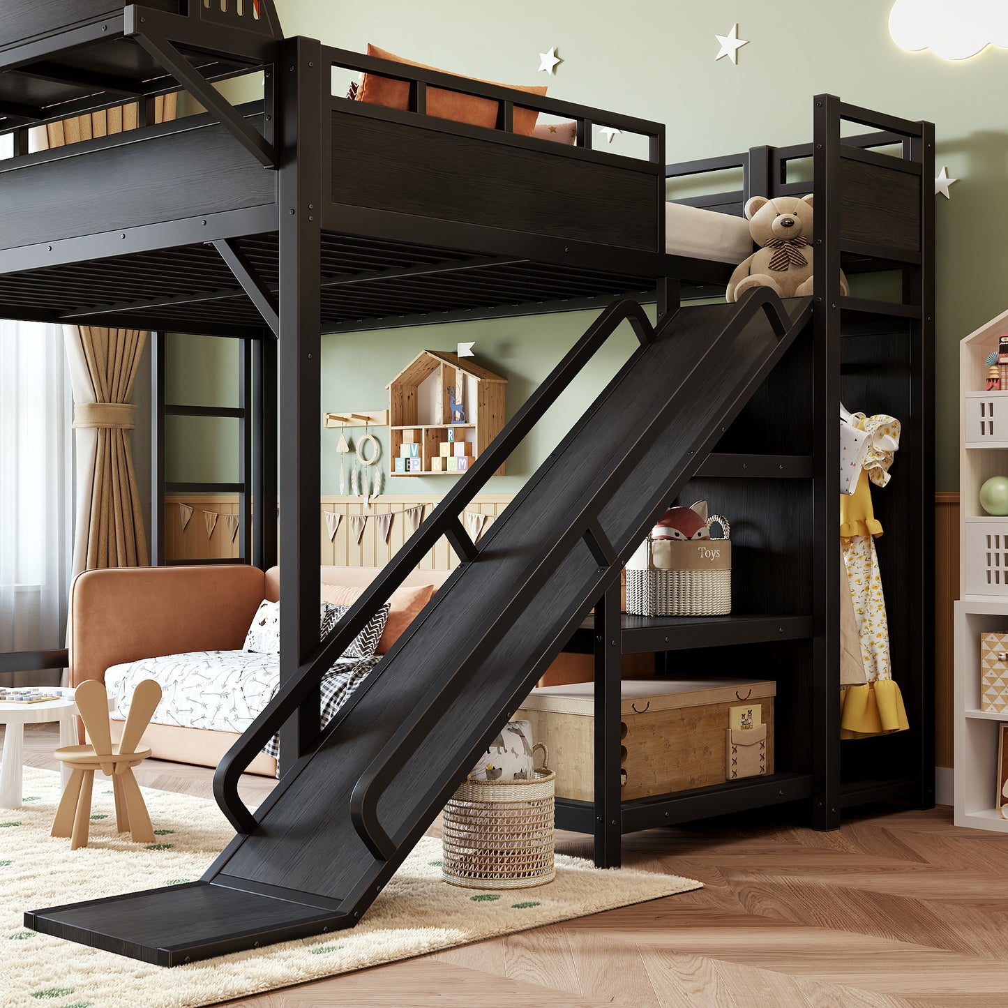 Queen Size Loft Bed with Slide, Storage Shelves and Built-in Wardrobe, Metal Loft Bed Frame with USB Ports and LED Lights, with Pegboard, Safety and Solid, Black image 8