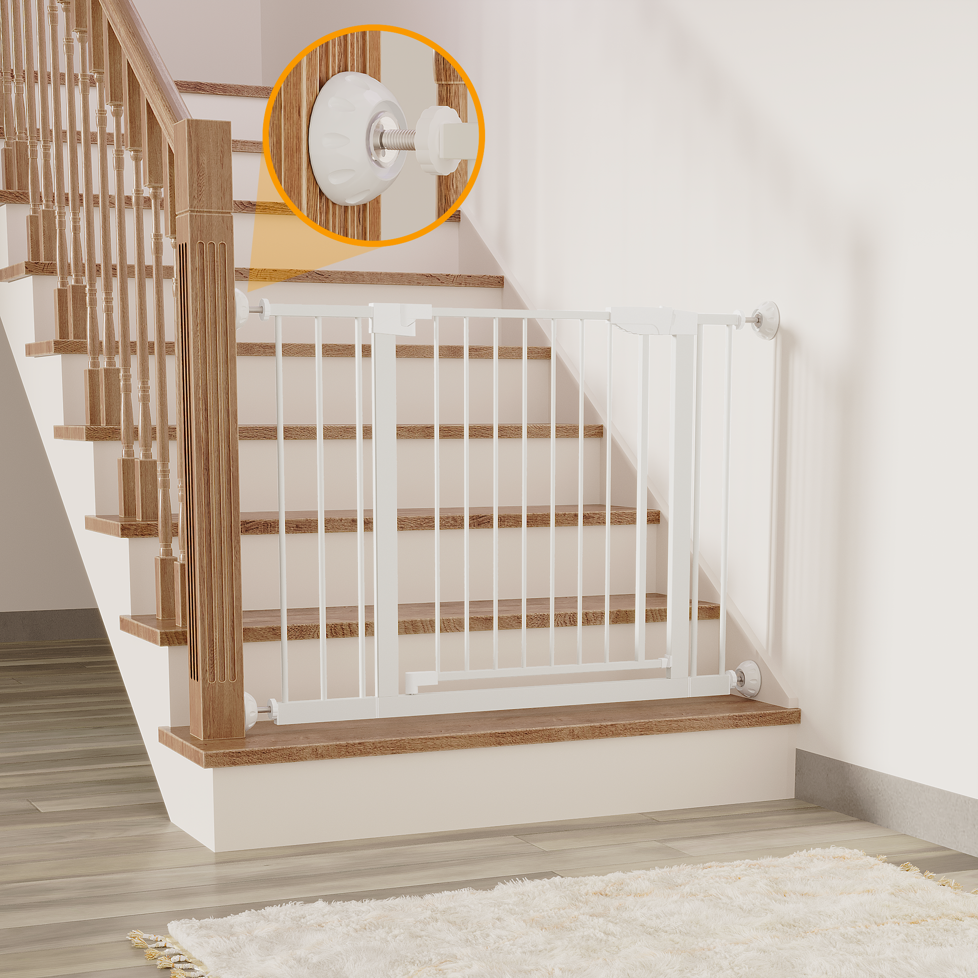 29.5-45.3" Wide Baby Gate with wall protector for Stairs, Dog Gate Indoor for Doorways, No Drilling Pressure Mounted Pet Gates for Kids, Easy Walk Through Safety Gate, White image 7