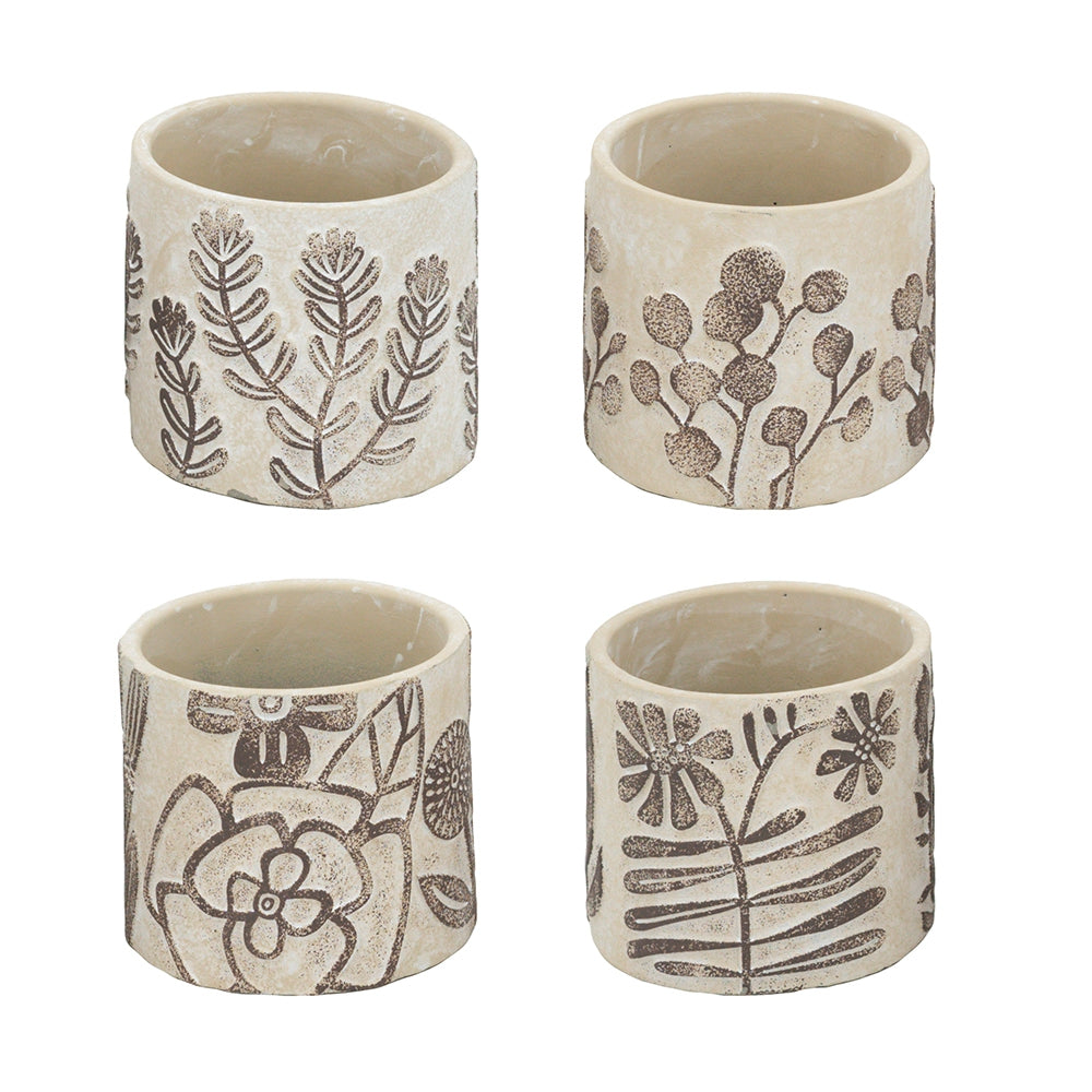 Set of 4 4.3x4.3x4" Gray Sand and Cement Planters with Brown Botanical Motifs image 2
