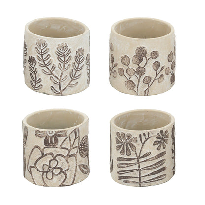 Set of 4 4.3x4.3x4" Gray Sand and Cement Planters with Brown Botanical Motifs image 2