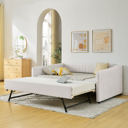 Full Size Daybed with Trundle Upholstered Sofa Bed, with Vertical Stripes, Linen Fabric, Beige (82.5"x58"x30") image 1