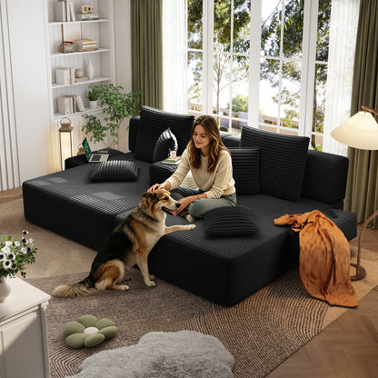 Oversized Double Chaise Lounge 2-Piece Set, Luxurious Plush Corduroy Convertible Sofa Bed with 6 Pillows and Storage Pocket, for Small Spaces,Home Theater, Living Room, Black image 6