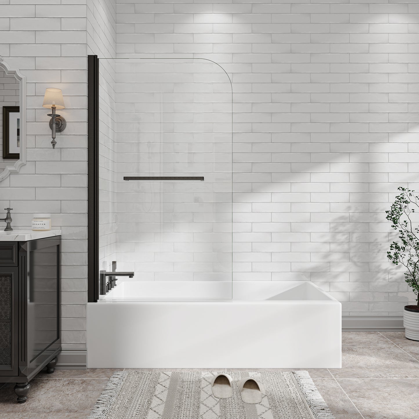 31"-32" W x 55" H Matte Black Flexible 180° Pivot Shower Door Reversible Installation Frameless Bathtub Screen,1/4"(6MM) Tempered Glass With Nano Easy Cleaning And Stick Explosion-proof Membrance image 1