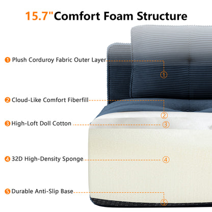 82" Modern L-Shaped Modular Sectional Sofa for Living Room, Corduroy Fabric, 2-Seater Couch with Deep Seat, Pearl-like piping, Tufted Design, No Assembly, Anti-slip Design​, Blue image 10