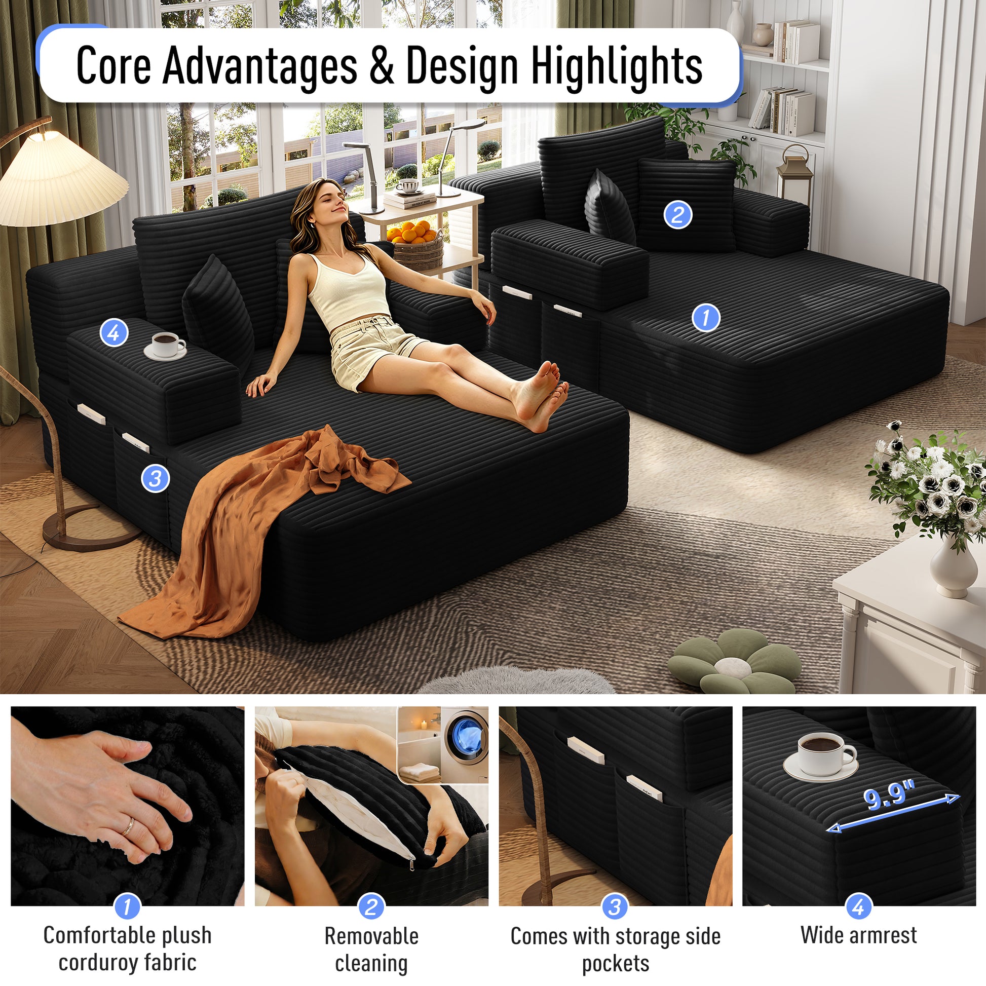 Oversized Double Chaise Lounge 2-Piece Set, Luxurious Plush Corduroy Convertible Sofa Bed with 6 Pillows and Storage Pocket, for Small Spaces,Home Theater, Living Room, Black image 9